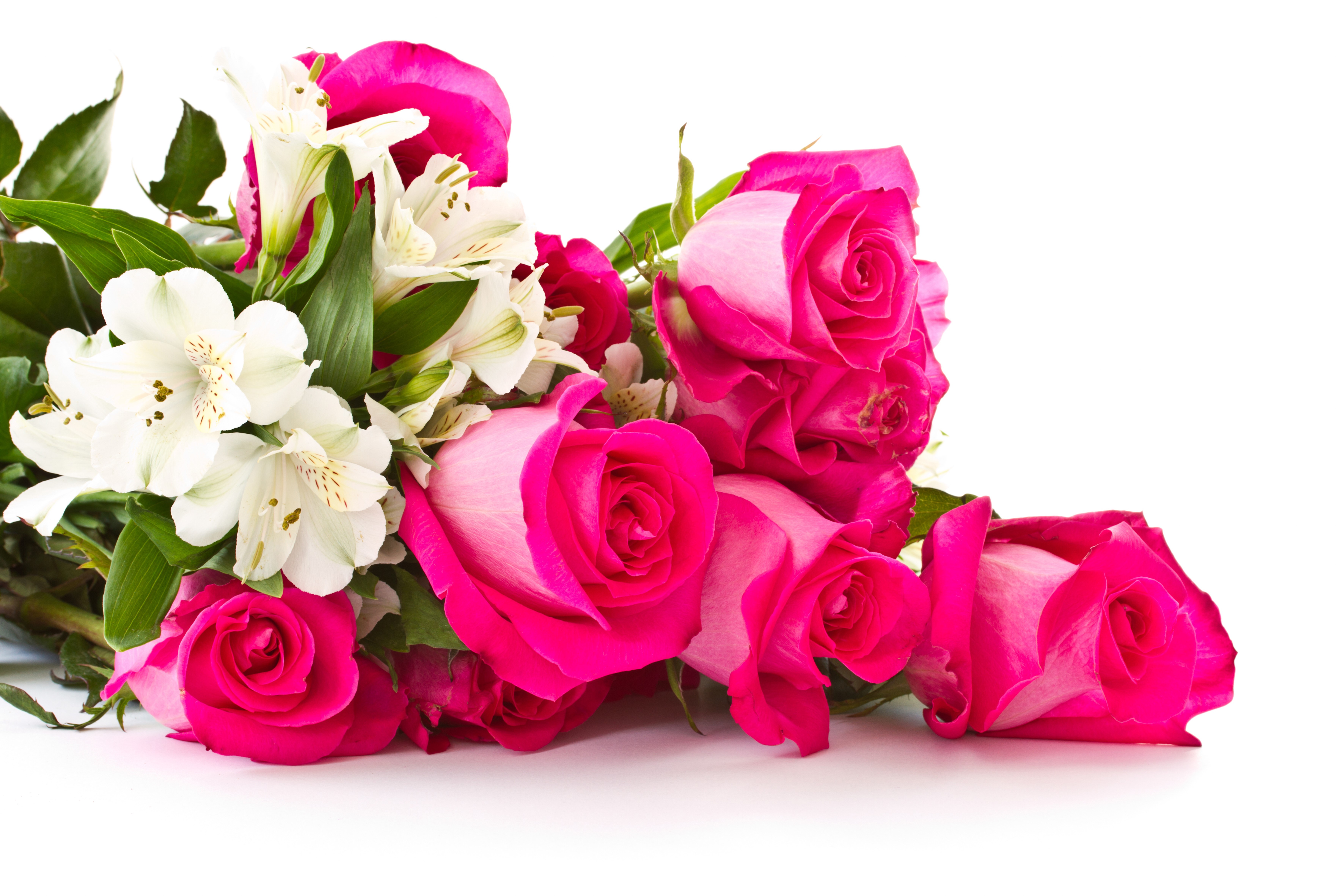 Bouquet of Pink Roses and White Alstroemeria HD Wallpaper