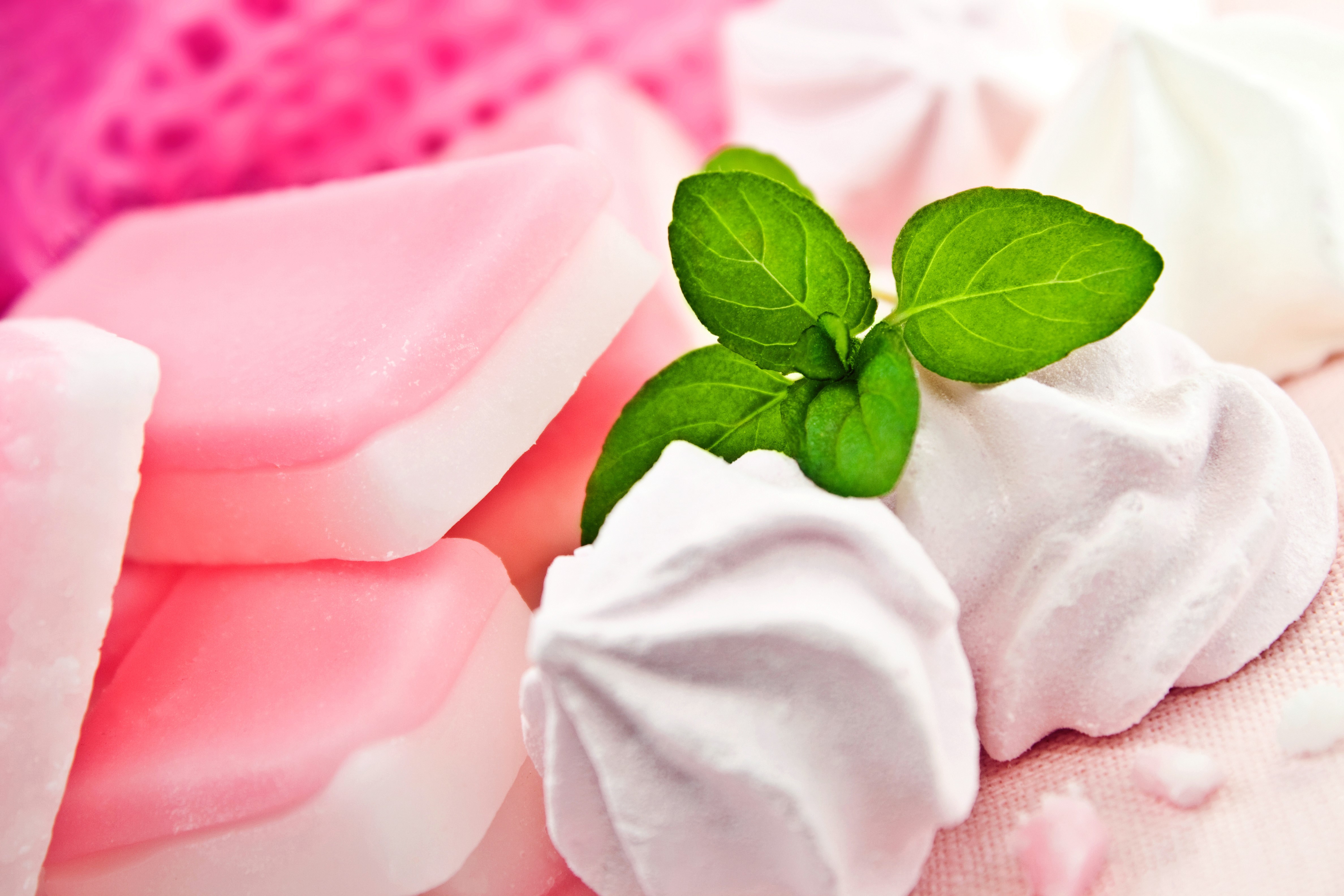 Pink and white sweets with mint leaf HD Wallpaper