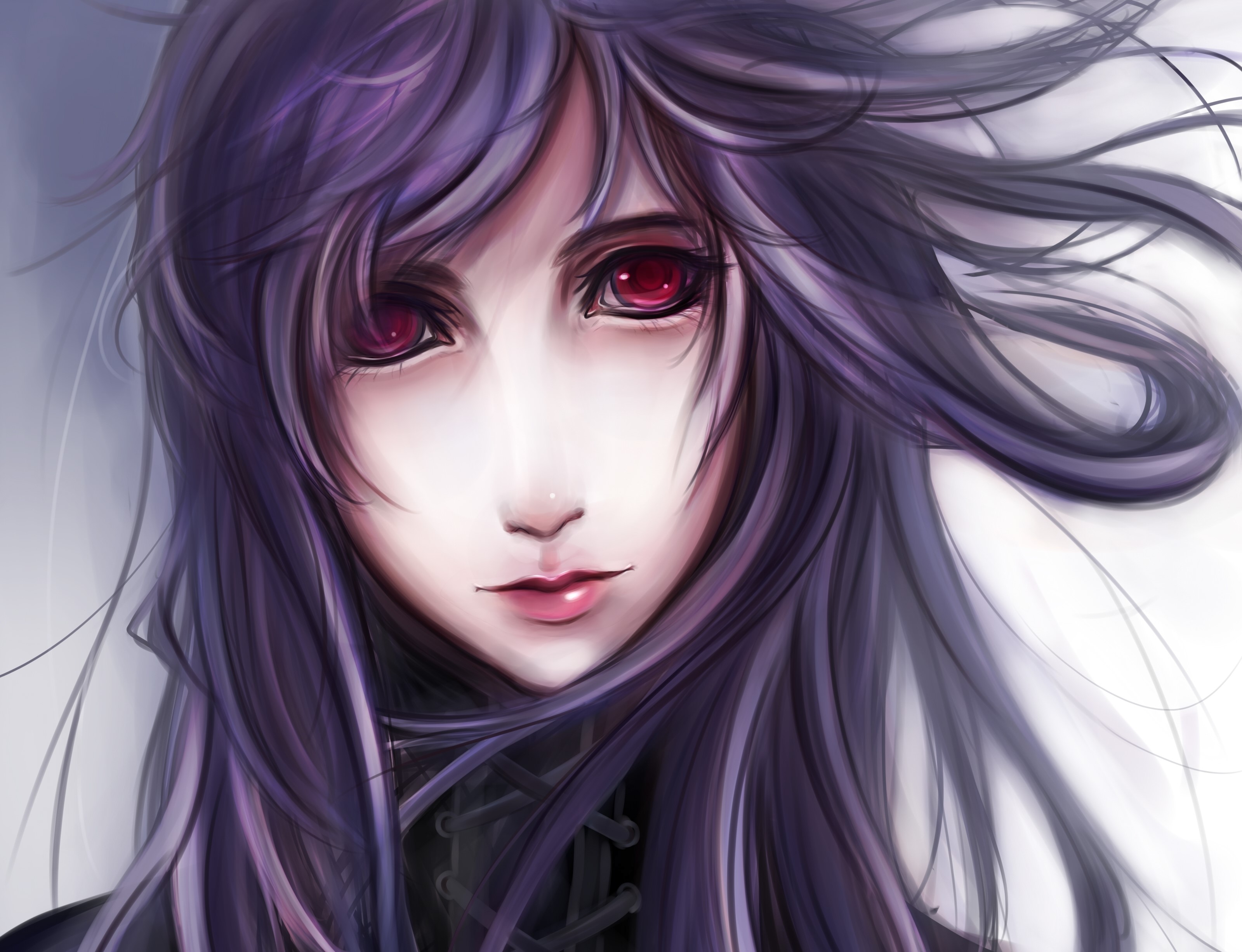 Anime girl with purple hair and red eyes HD Wallpaper