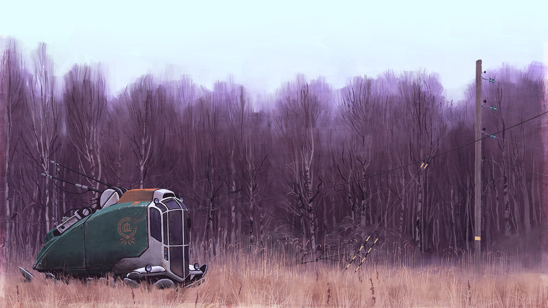 Futuristic vehicle in a purple forest HD Wallpaper