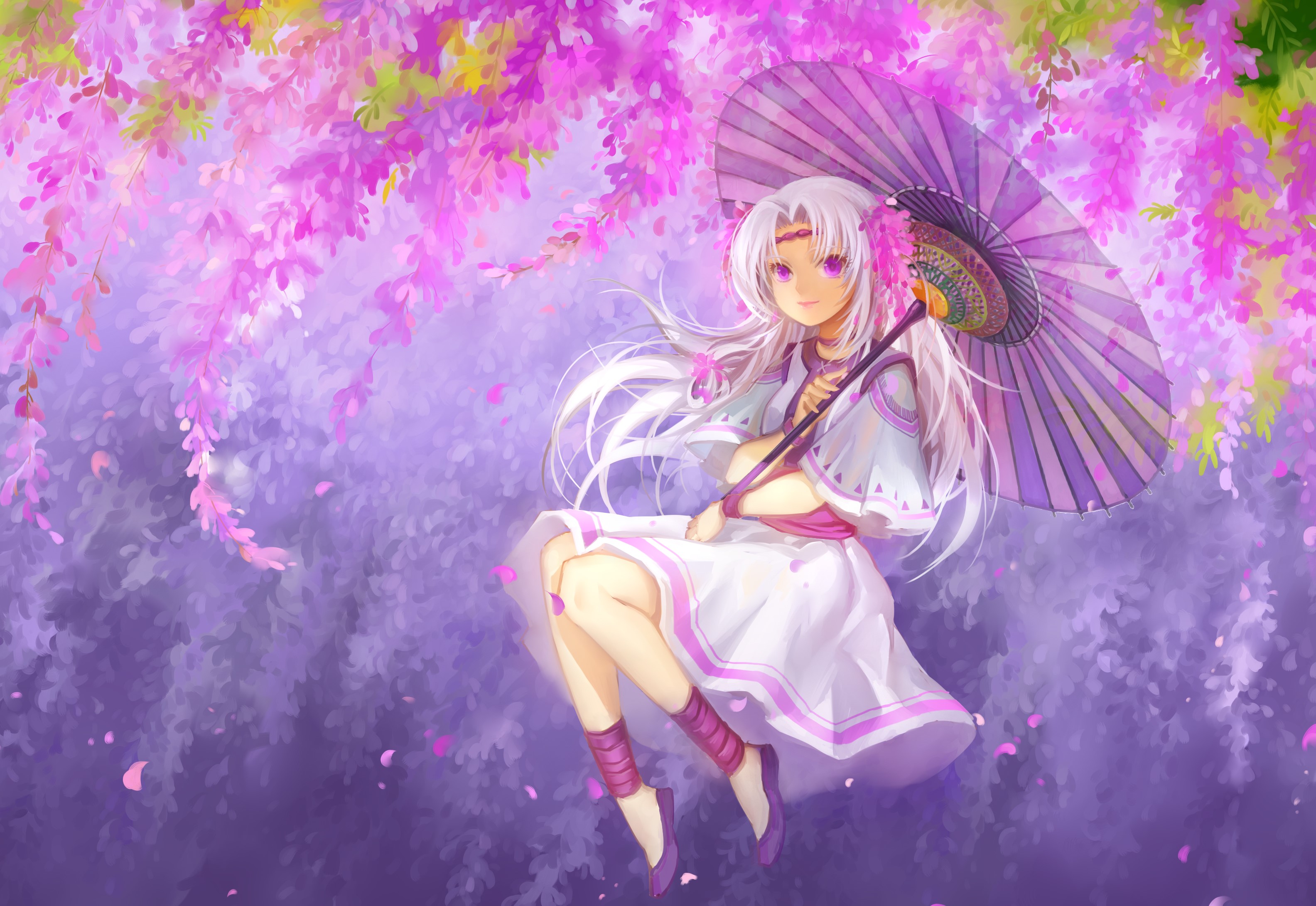Anime girl with white hair holding a purple umbrella HD Wallpaper
