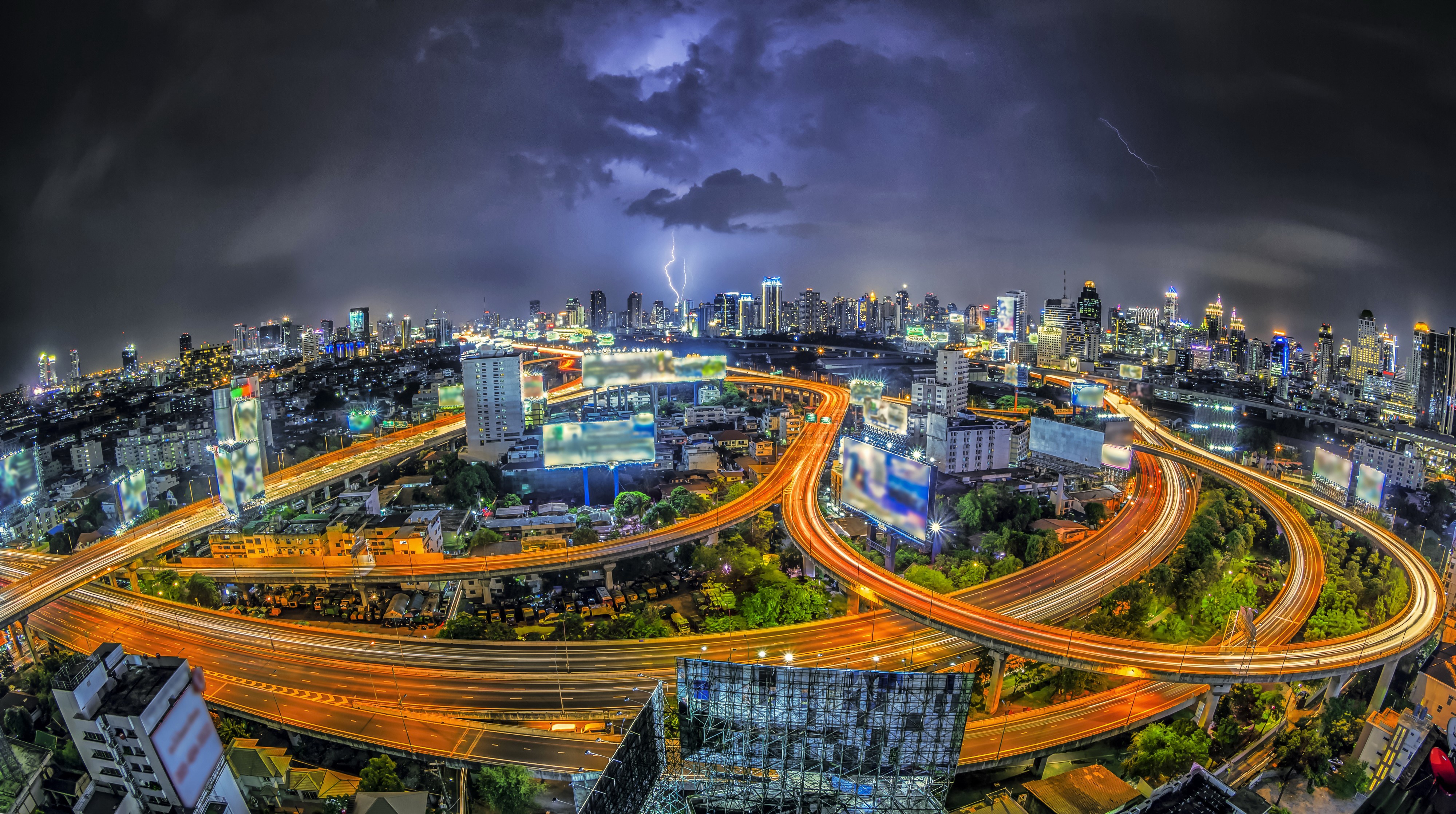 Bangkok Megapolis at Night with Lightning HD Wallpaper