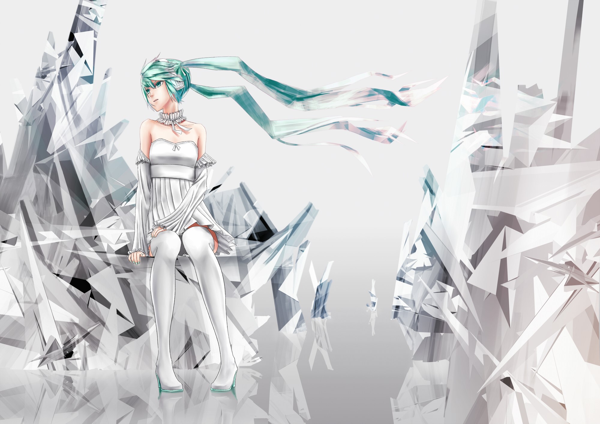 Hatsune Miku from Vocaloid sitting among ice crystals HD Wallpaper