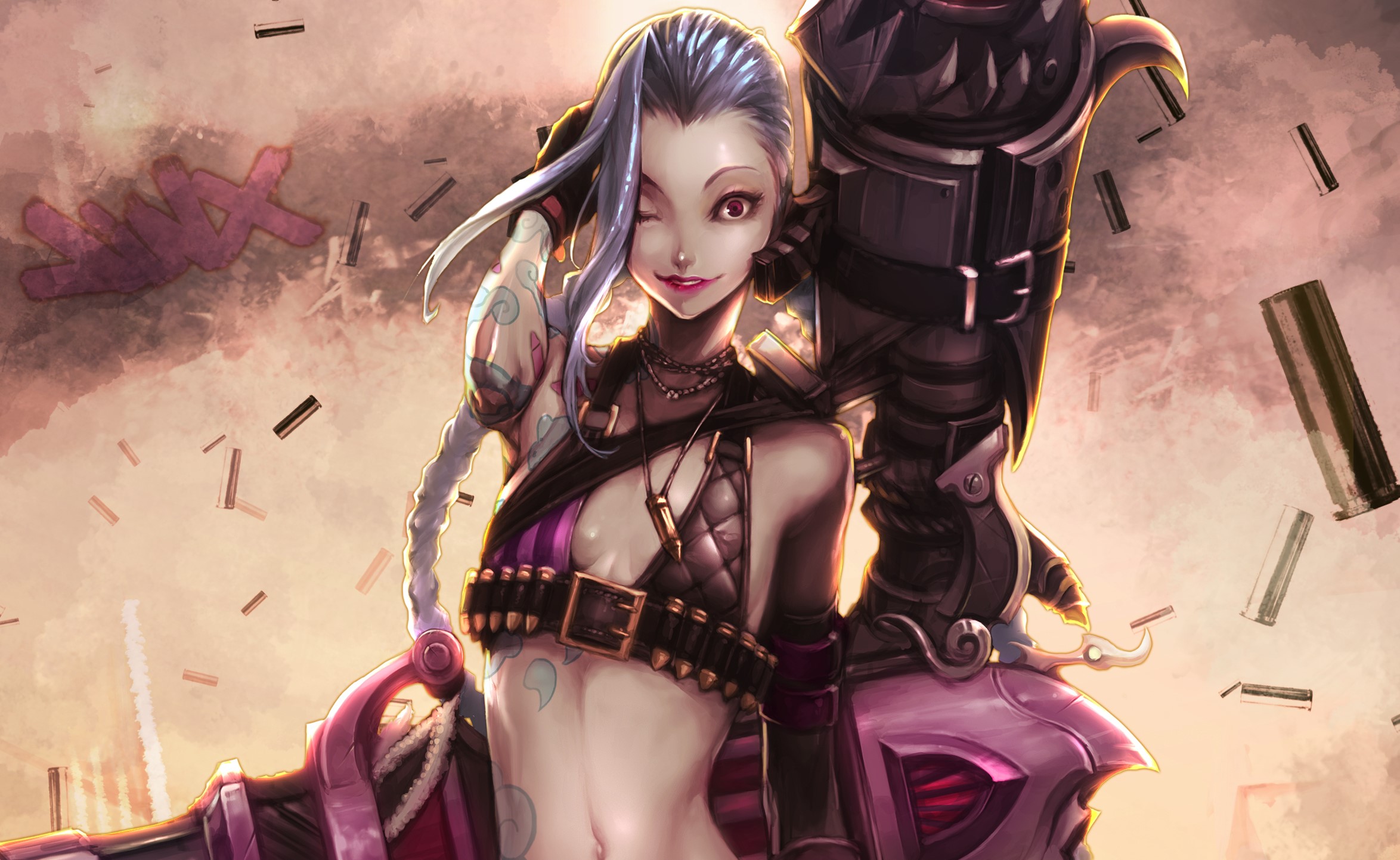 Jinx from League of Legends with her weapon HD Wallpaper