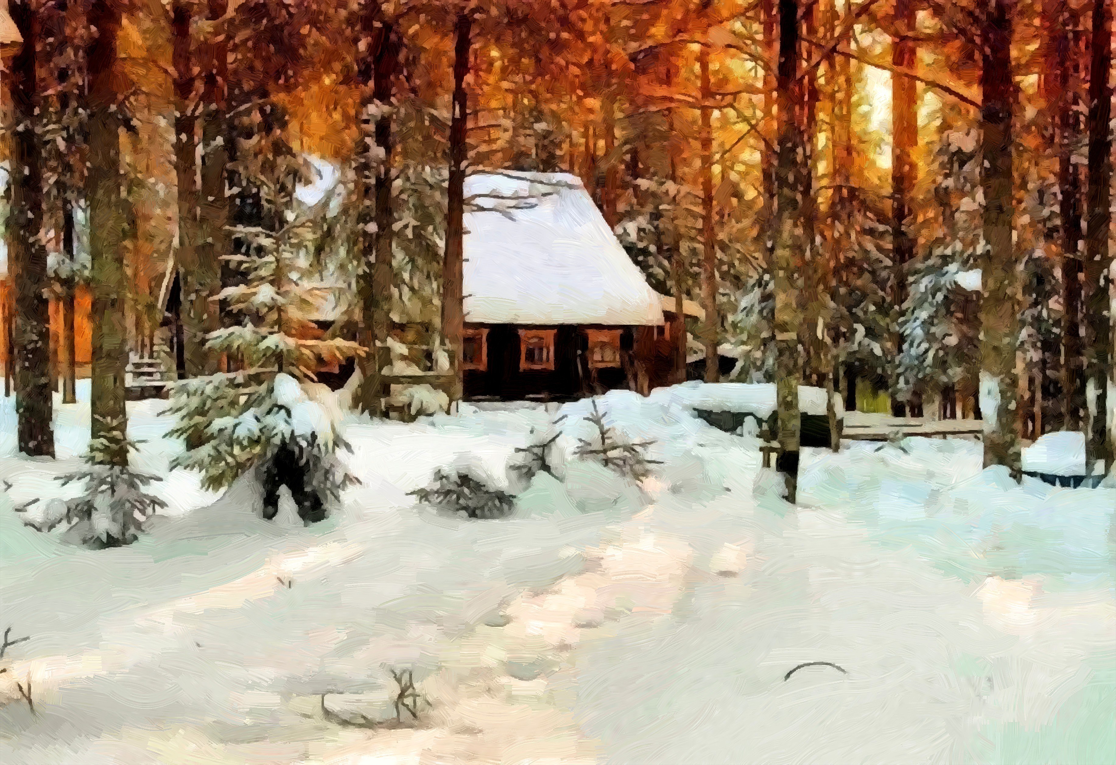 A snow-covered cabin in a winter forest at sunset HD Wallpaper