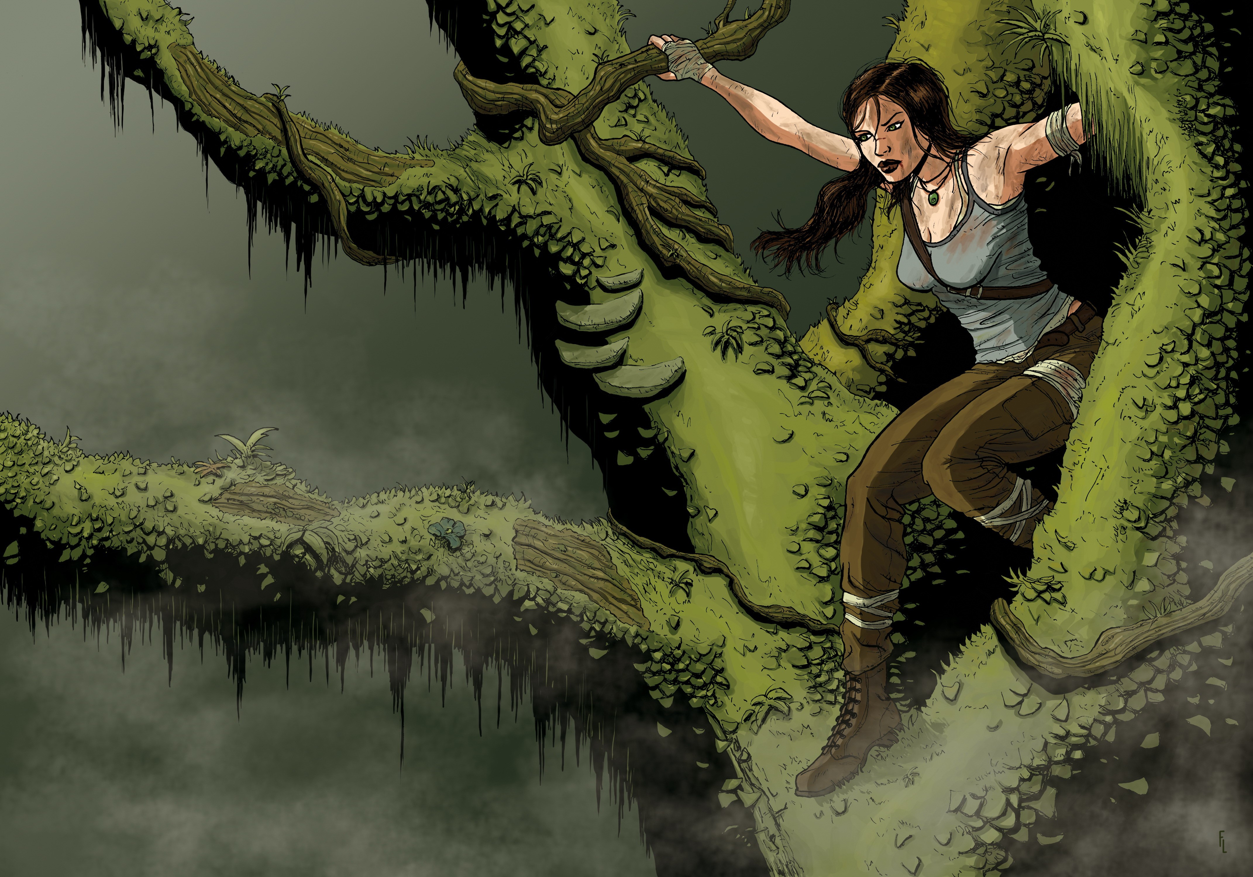 Lara Croft from Tomb Raider in a tree HD Wallpaper