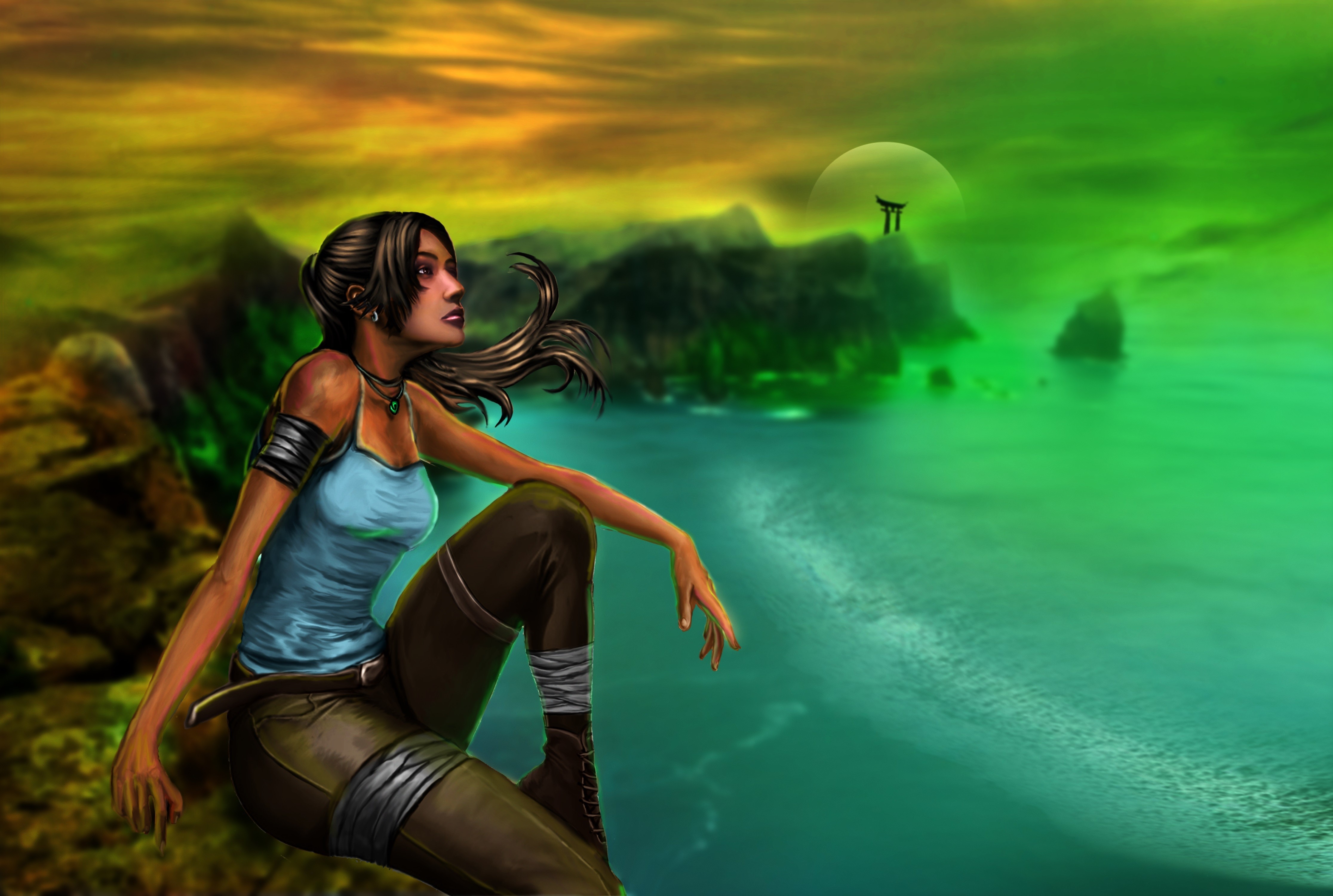 Lara Croft from Tomb Raider sitting on a cliff HD Wallpaper