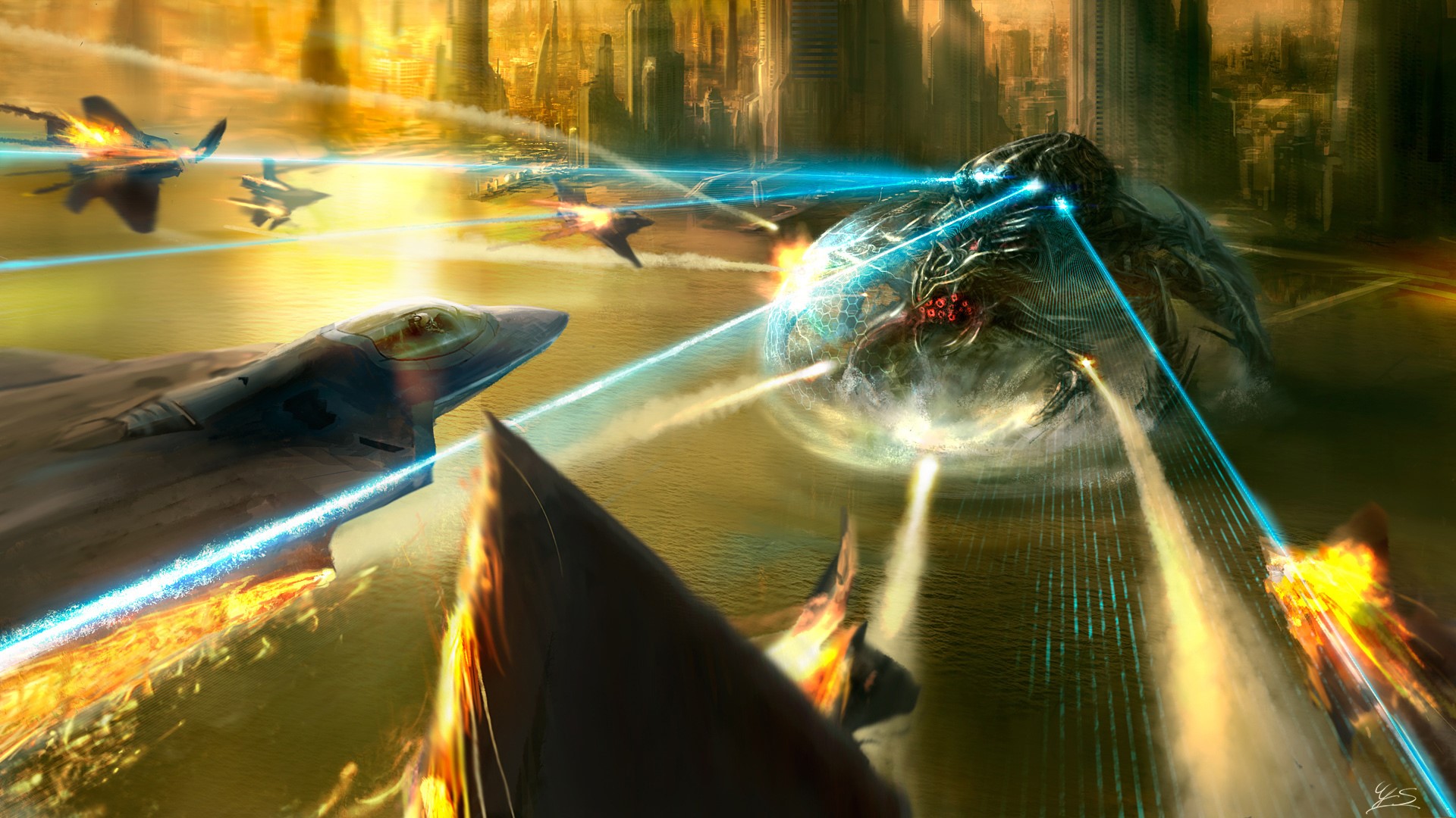 Jets battle a giant alien creature in a futuristic city HD Wallpaper