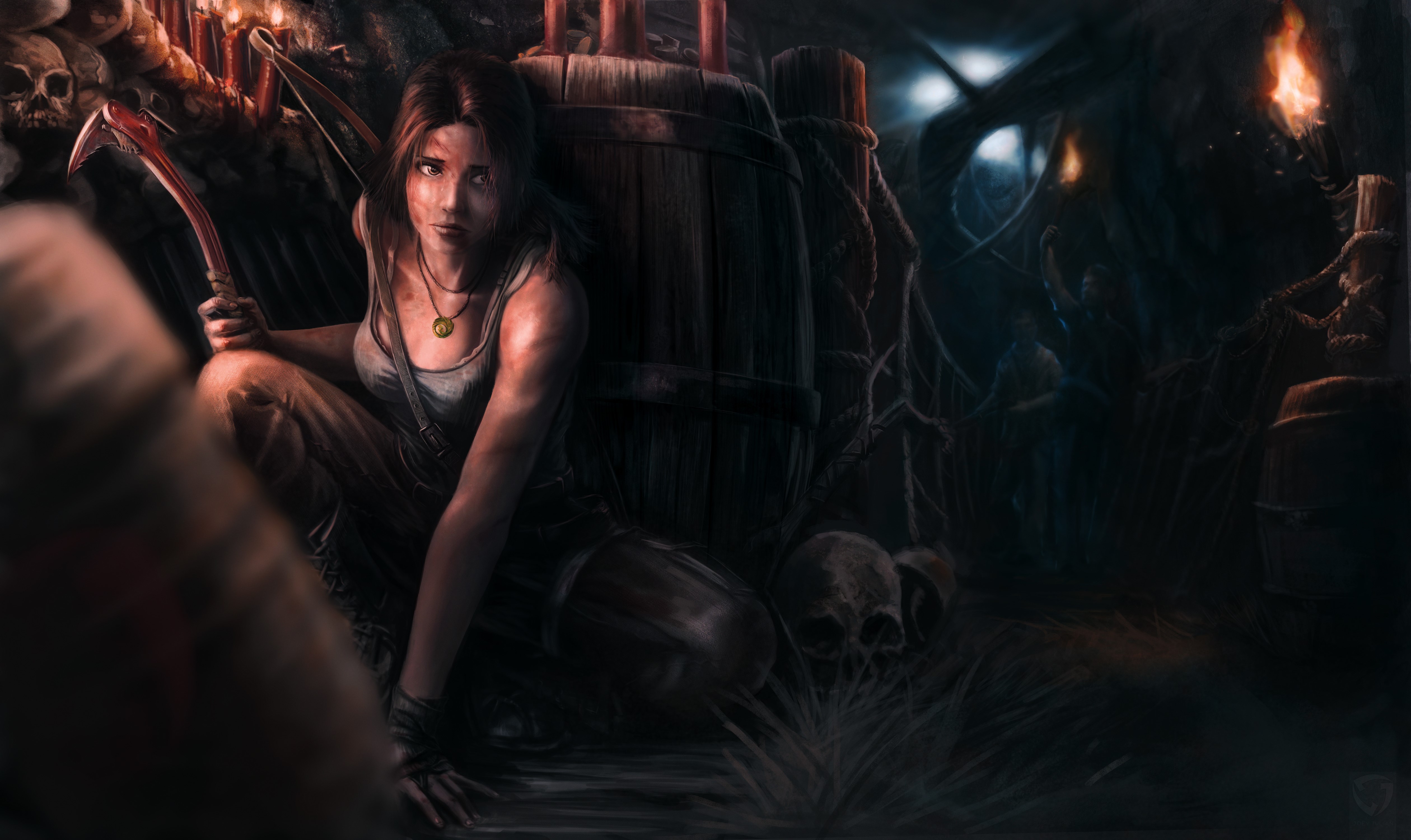 Lara Croft from Tomb Raider in a dark cave HD Wallpaper