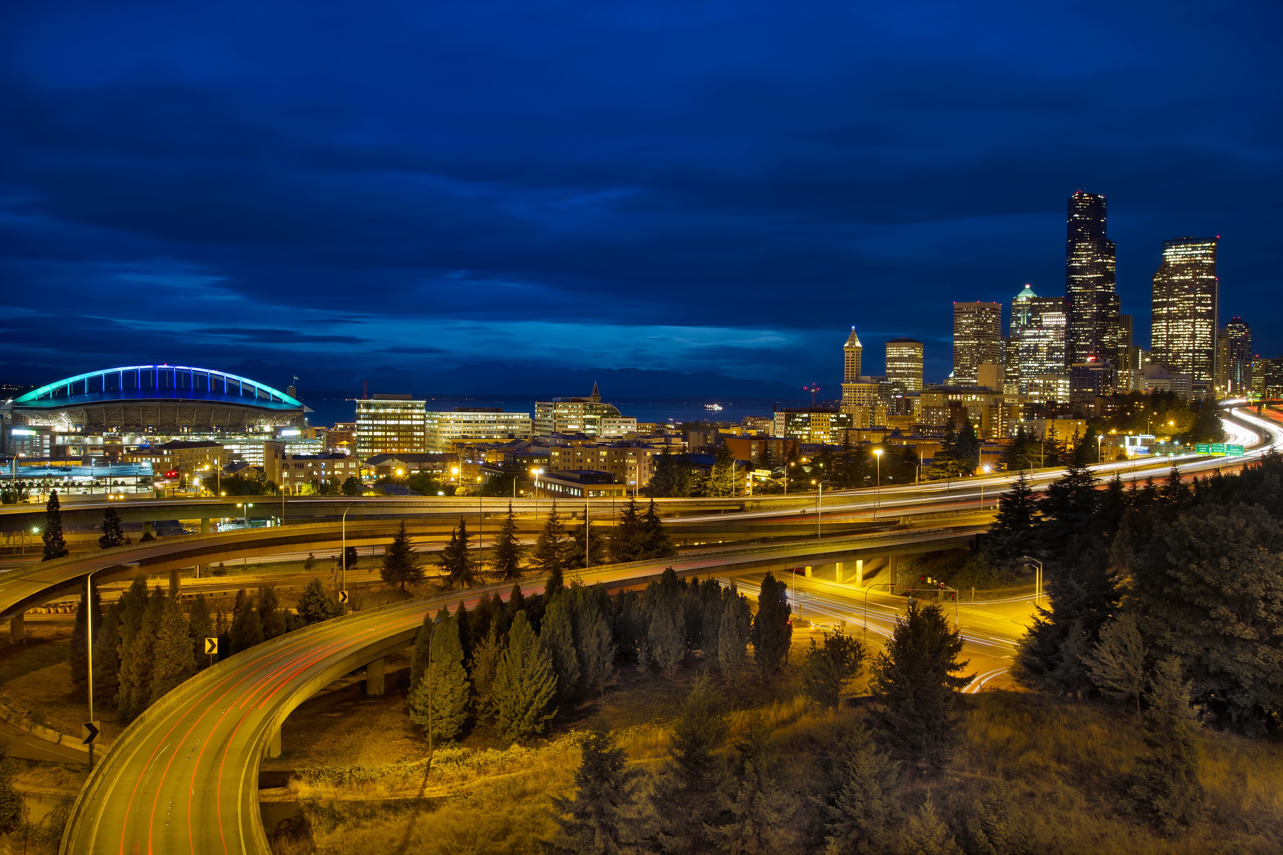 Seattle Skyline and Stadium at Night HD Wallpaper