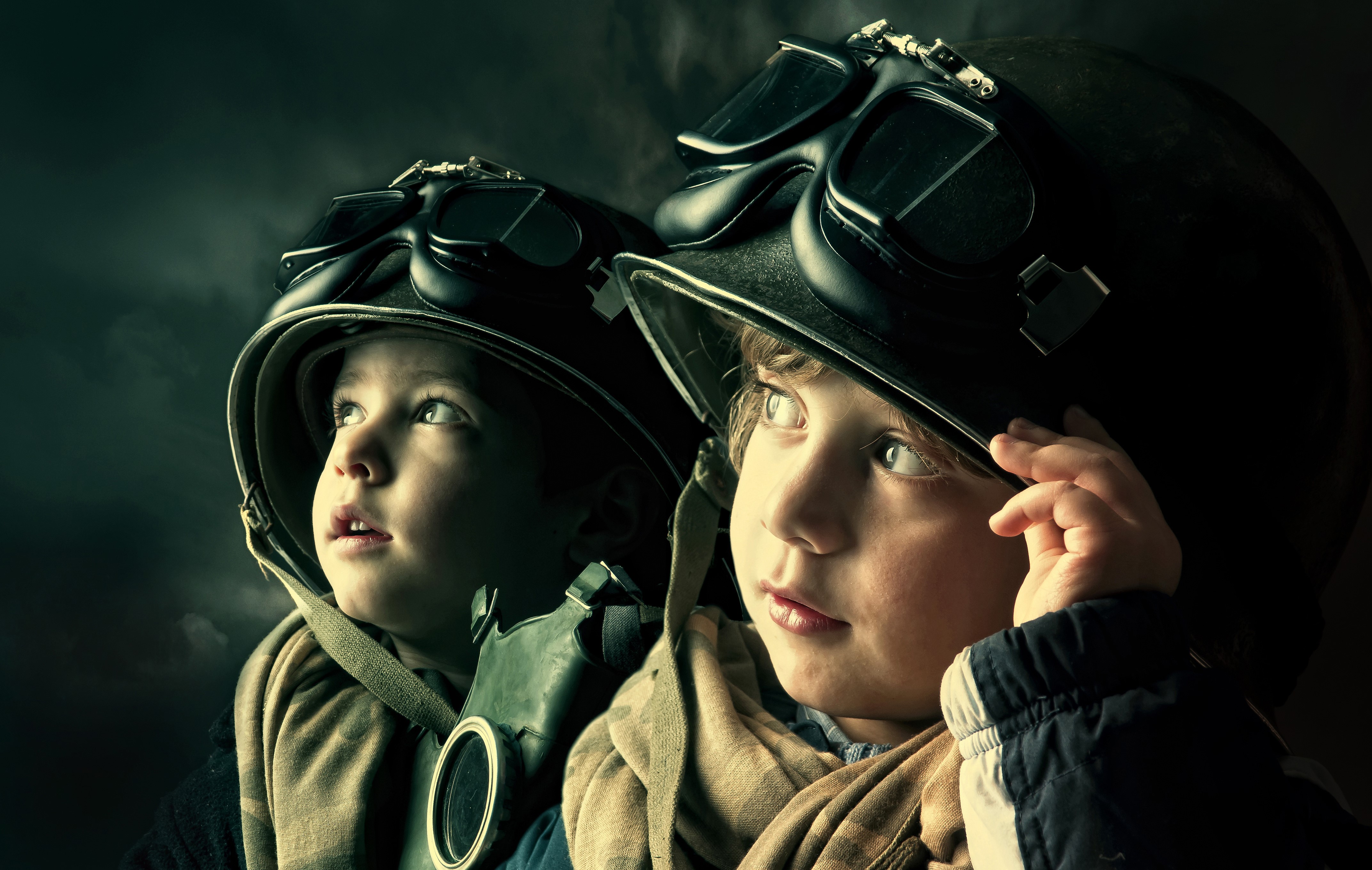 Two boys in helmets and gas masks HD Wallpaper