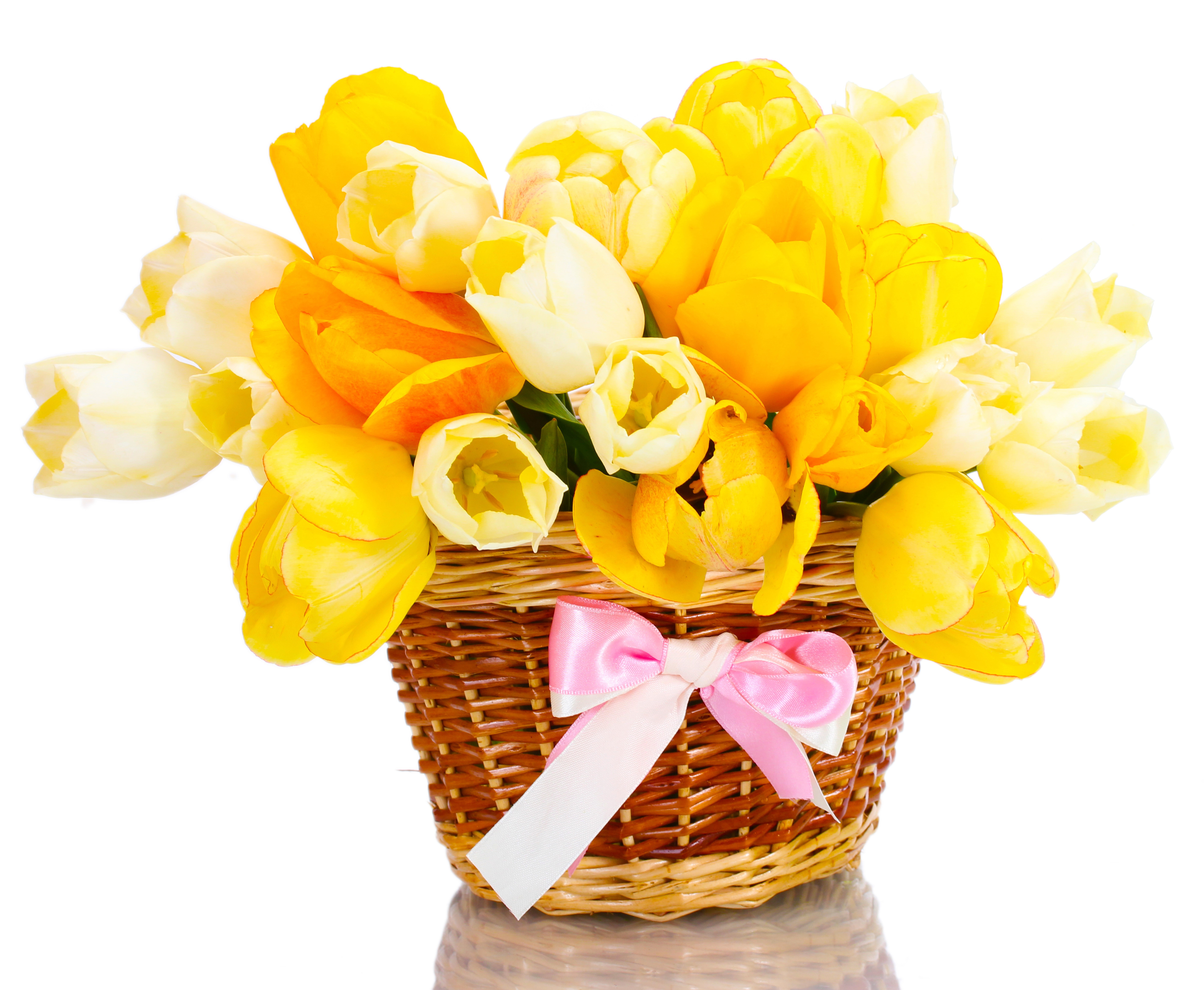 Yellow Tulips in a Wicker Basket with a Pink Bow HD Wallpaper