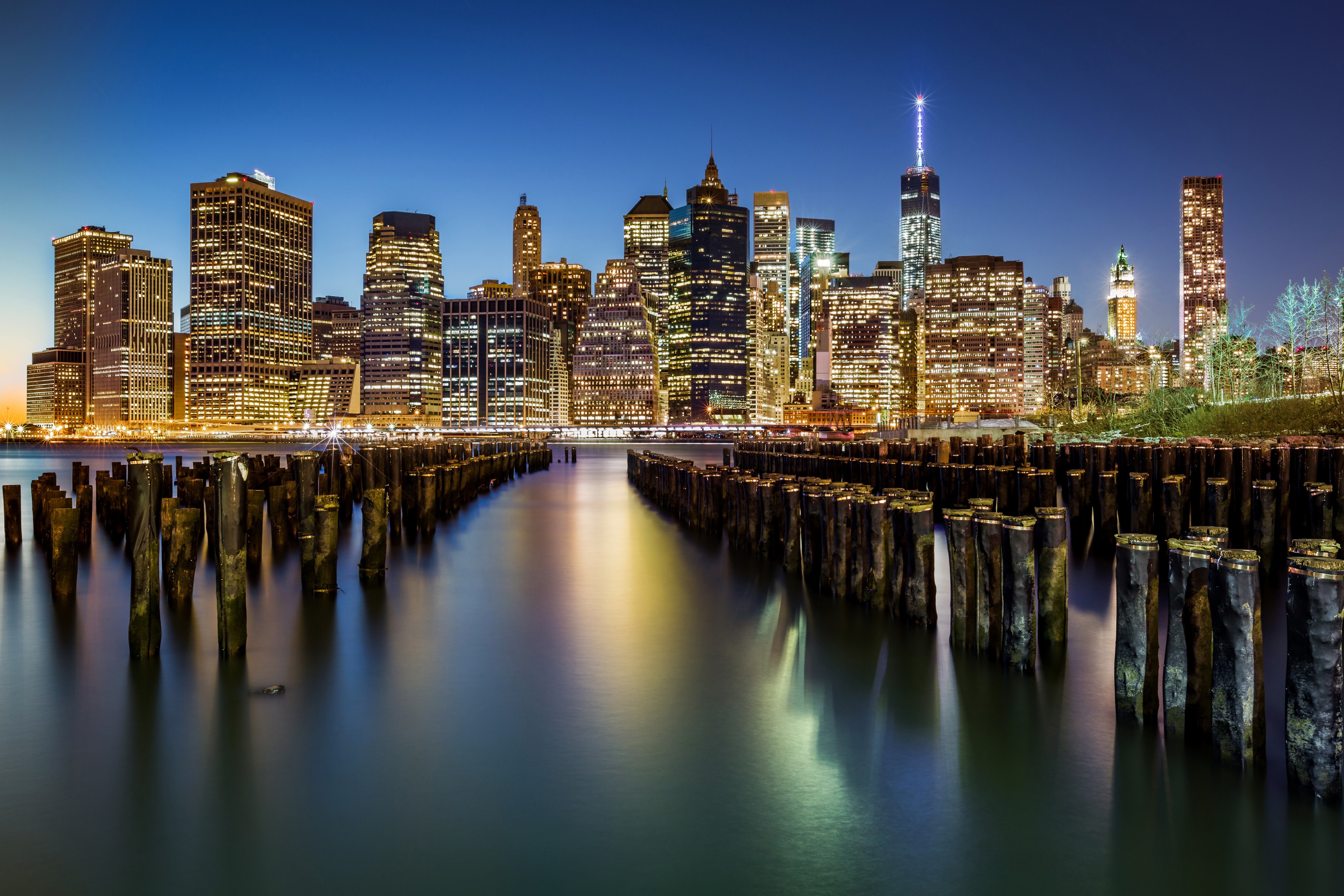 New York City Skyline at Night over River HD Wallpaper