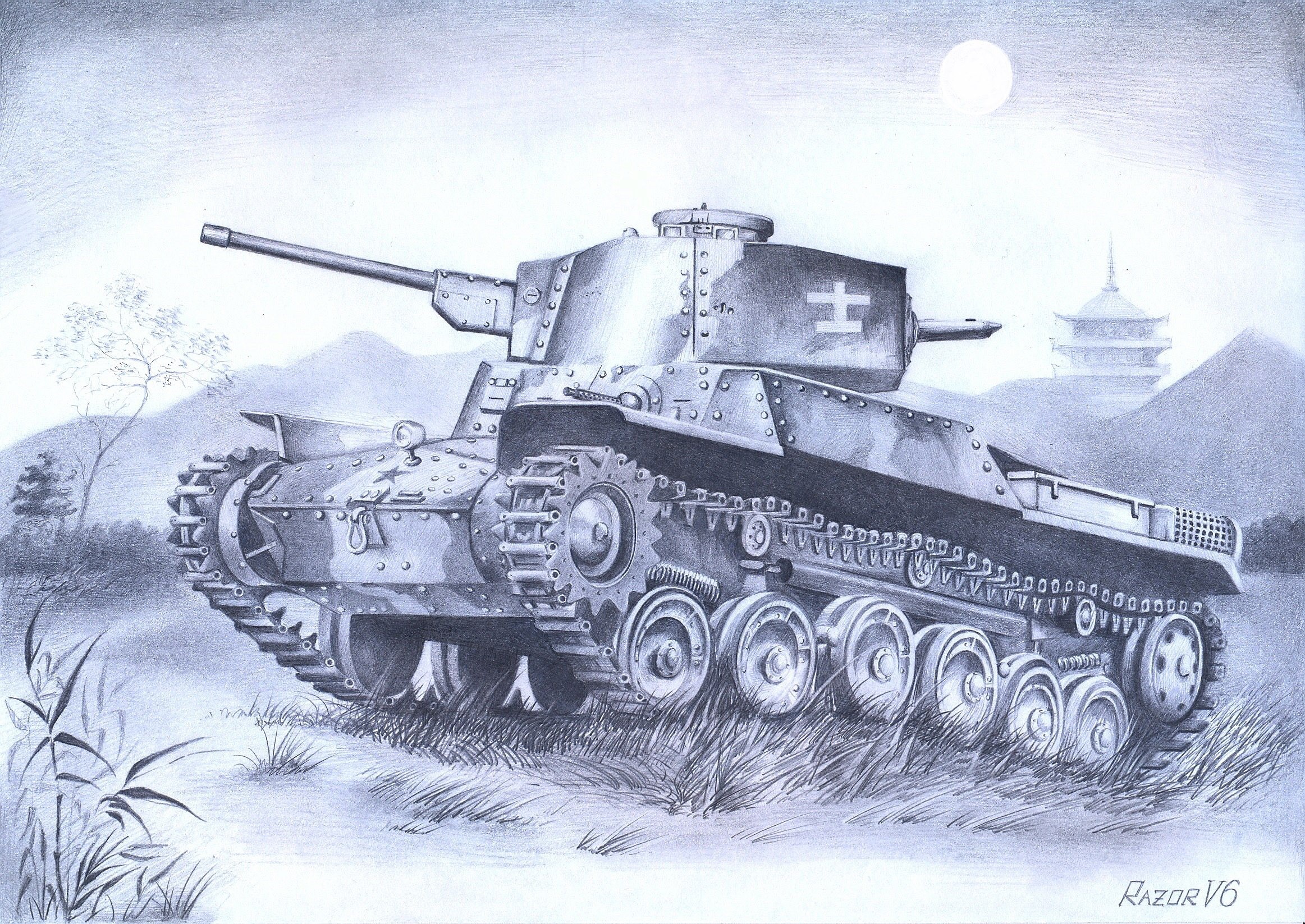 Pencil drawing of a Japanese Type 97 Chi-Ha tank HD Wallpaper