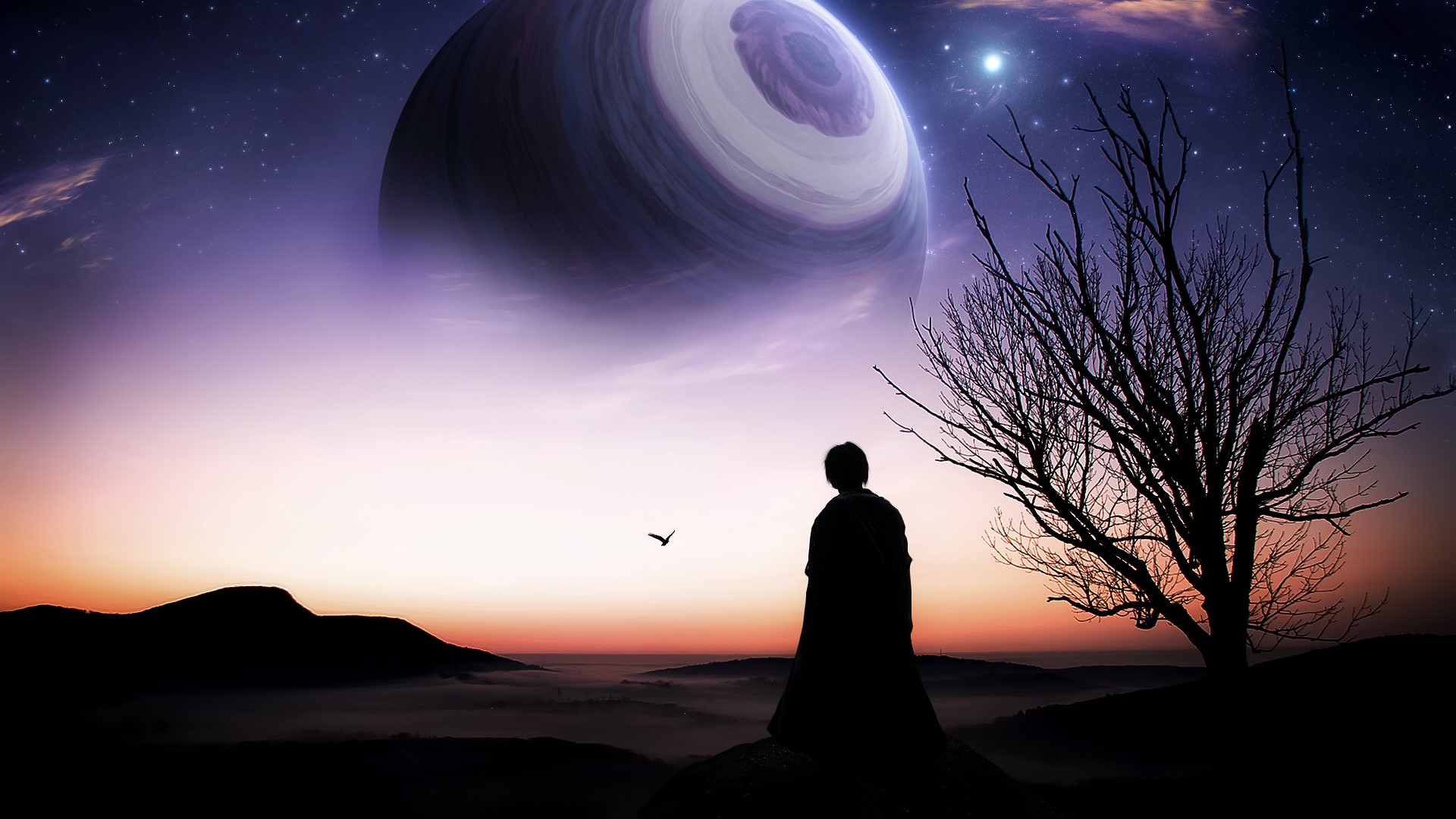 Person looking at a planet in the night sky HD Wallpaper