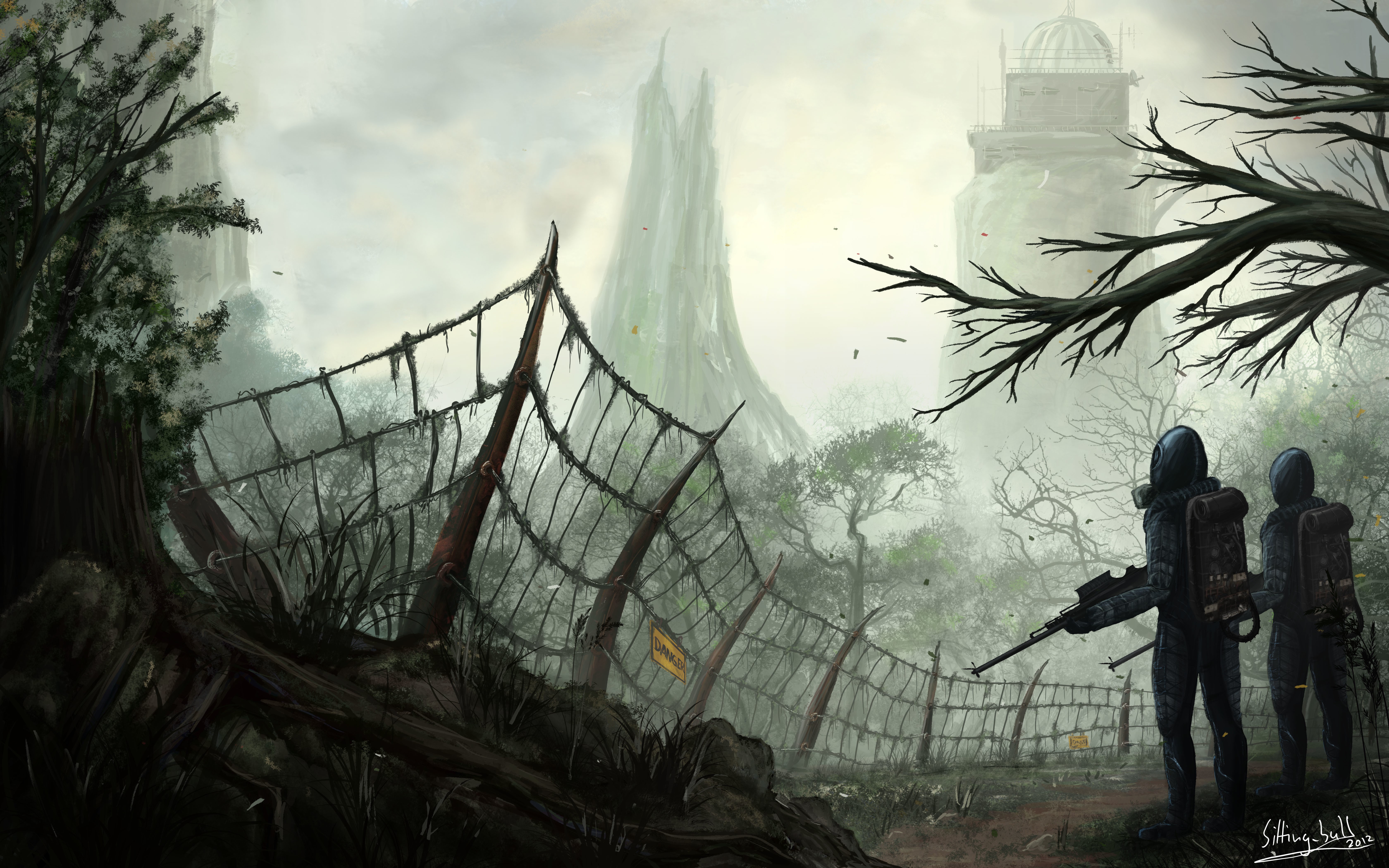 Soldiers in gas masks near a damaged fence in an apocalyptic landscape HD Wallpaper
