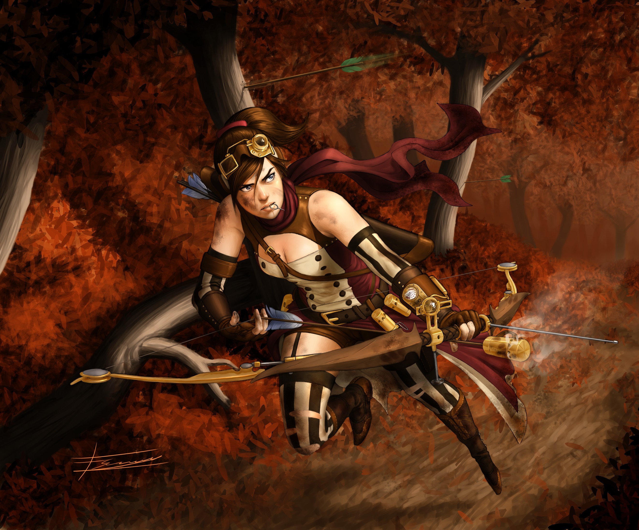 Archer warrior with bow in autumn forest HD Wallpaper