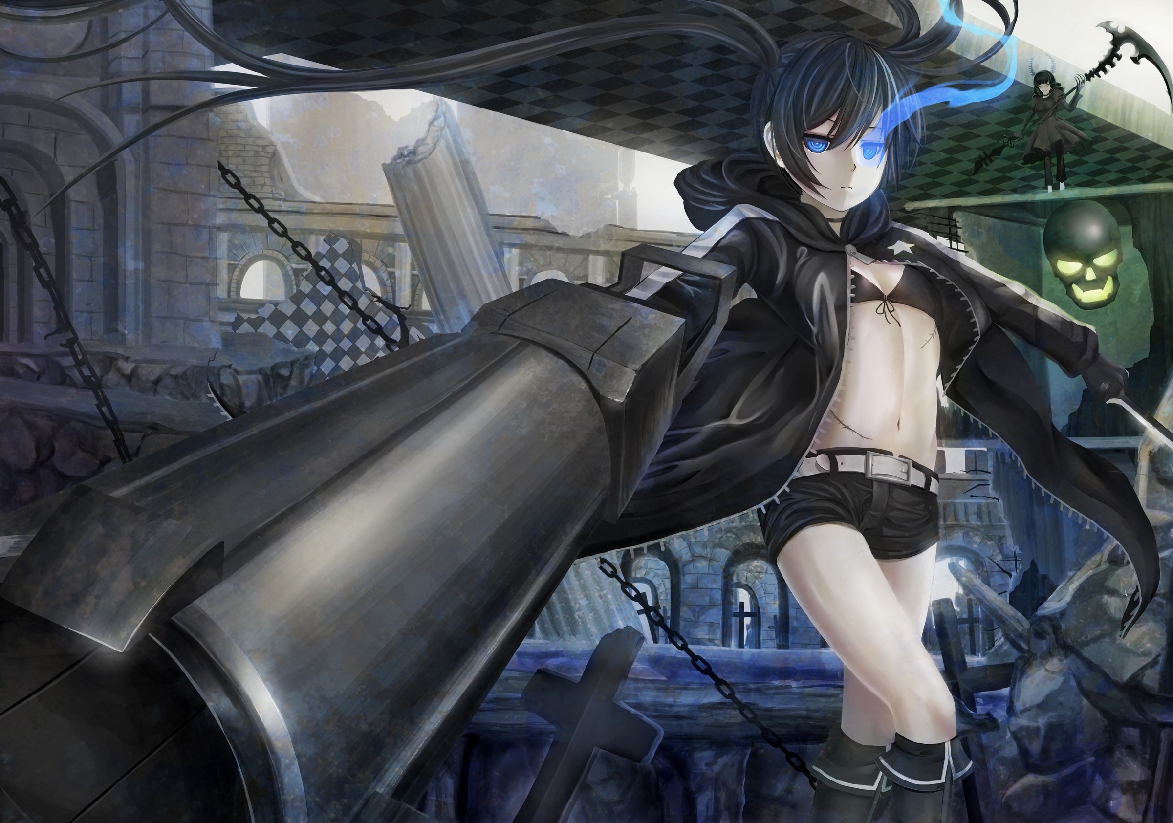 Black Rock Shooter with large cannon in ruined city HD Wallpaper