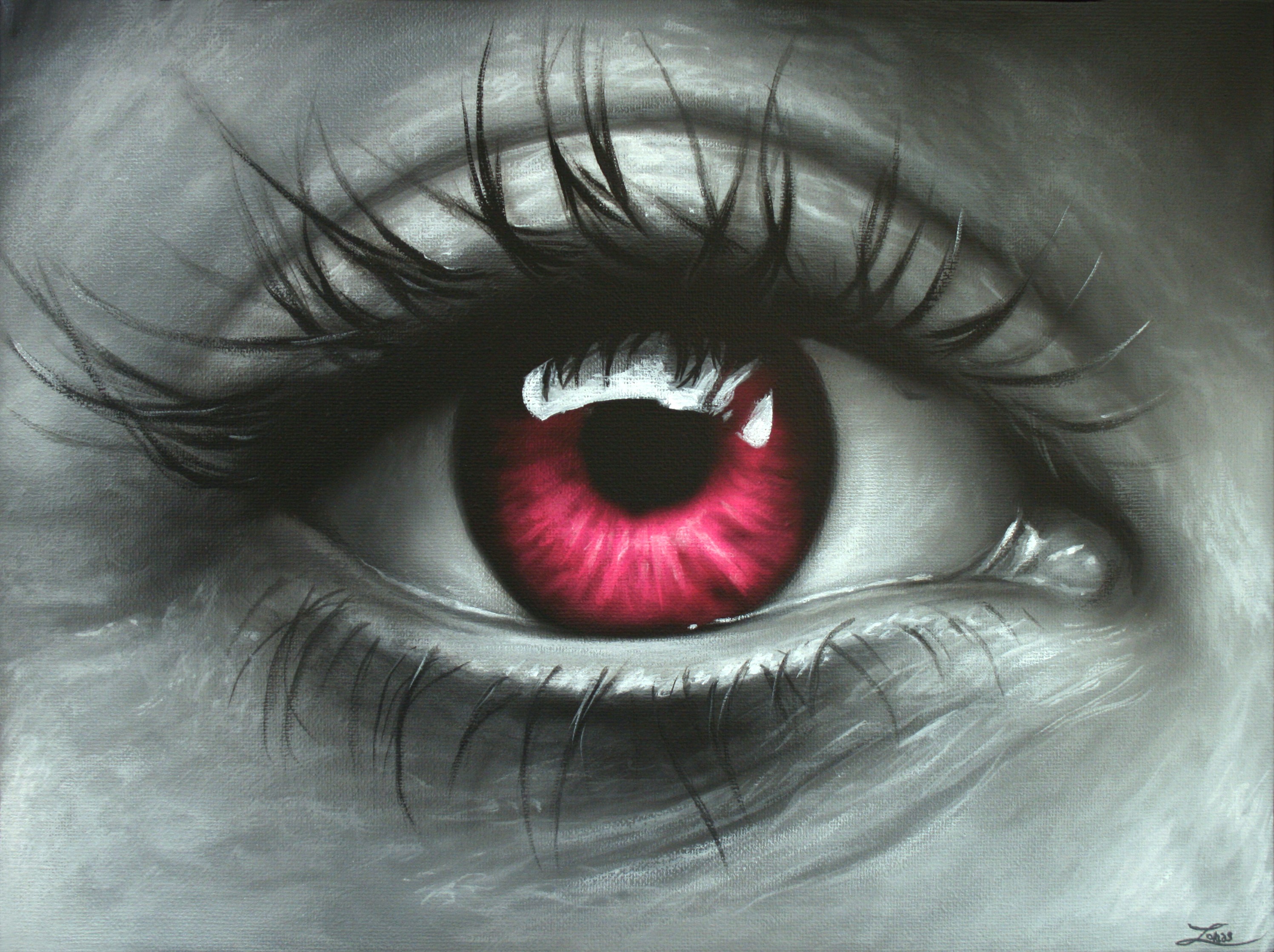 Close-up of a human eye with a red iris HD Wallpaper