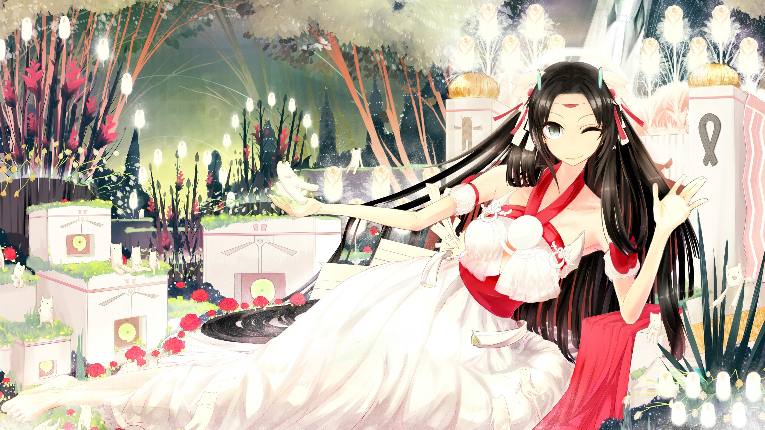 Anime girl in white dress with red accents HD Wallpaper