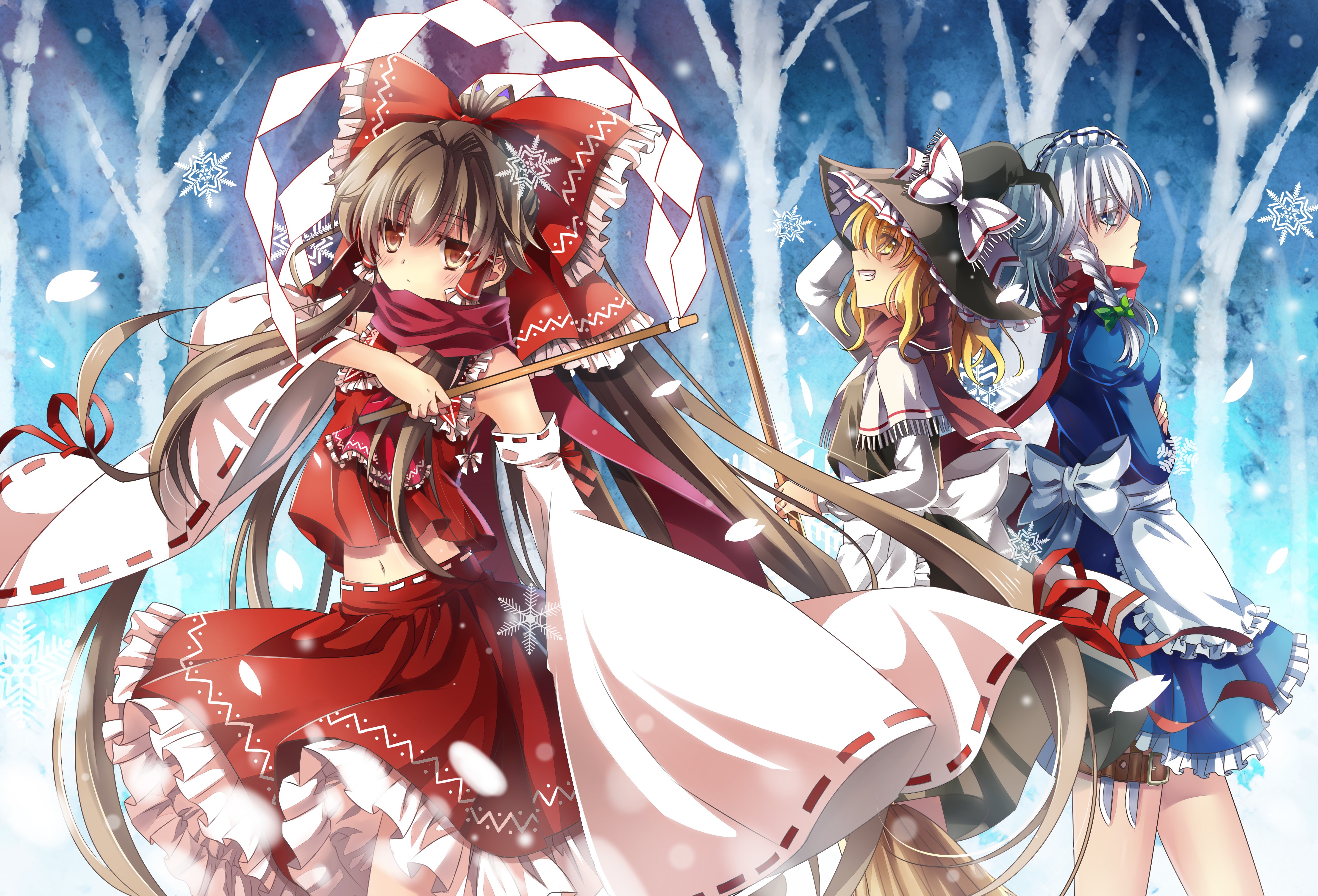 4K Touhou Collection: Reimu, Marisa, and Sakuya in Winter HD Wallpaper