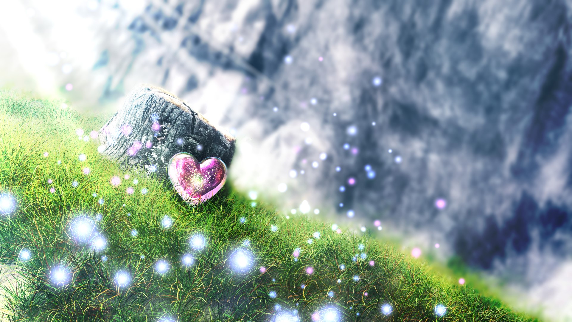 Pink heart on grass with sparkling lights and mountains HD Wallpaper