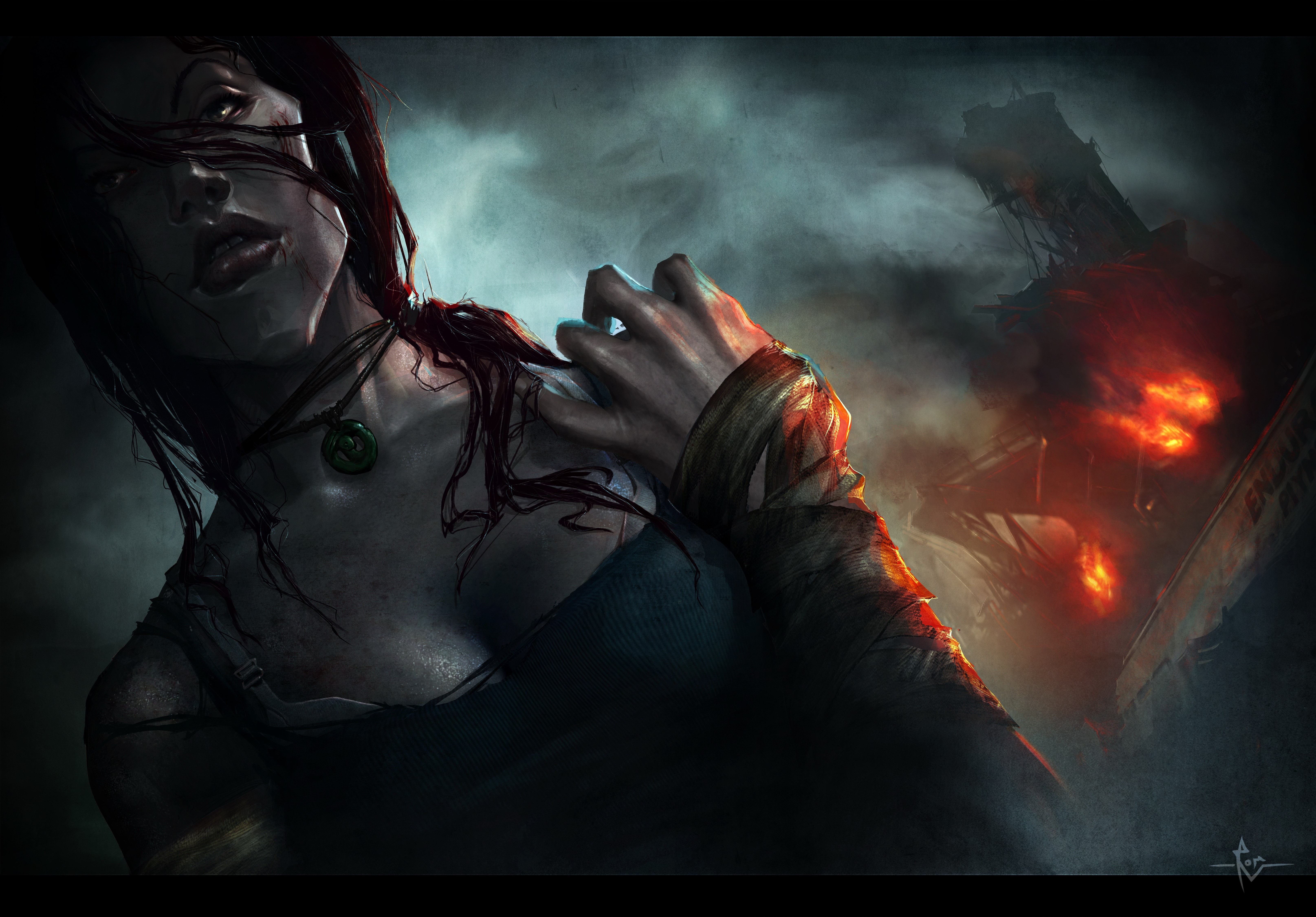 Lara Croft from Tomb Raider in a burning environment HD Wallpaper