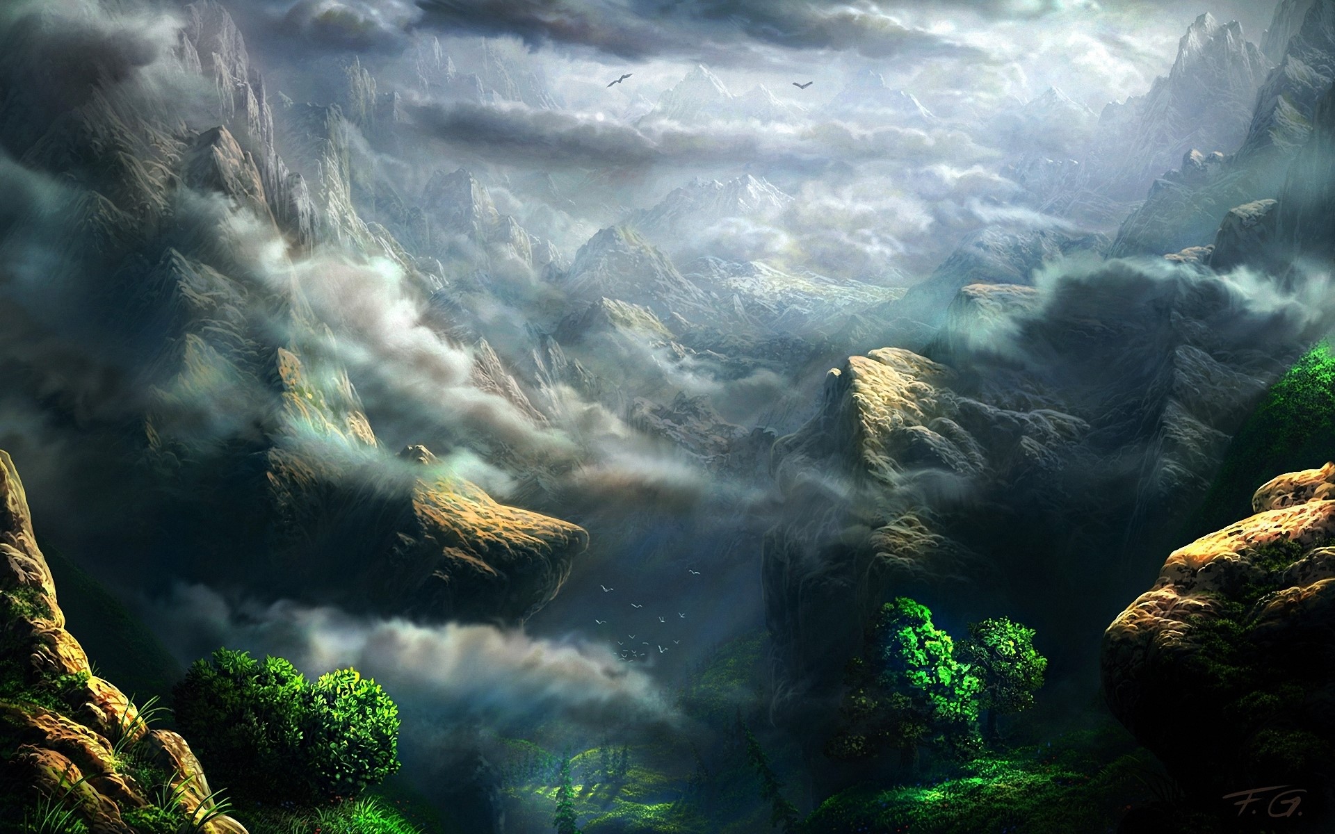 Fantasy mountains with clouds and birds HD Wallpaper