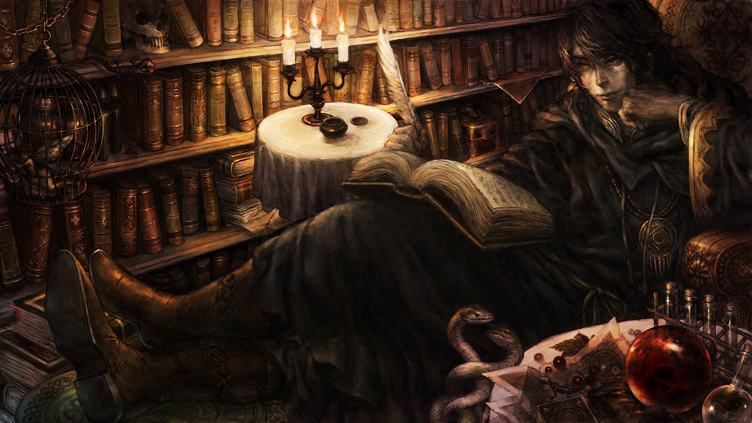 Man in dark robes reading in a library HD Wallpaper