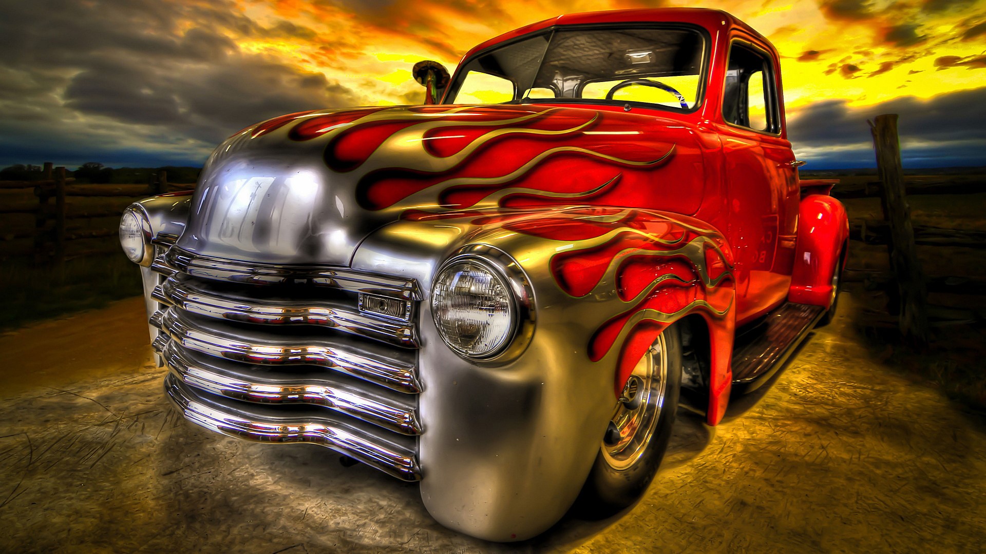 Red vintage pickup truck with flame decals HD Wallpaper