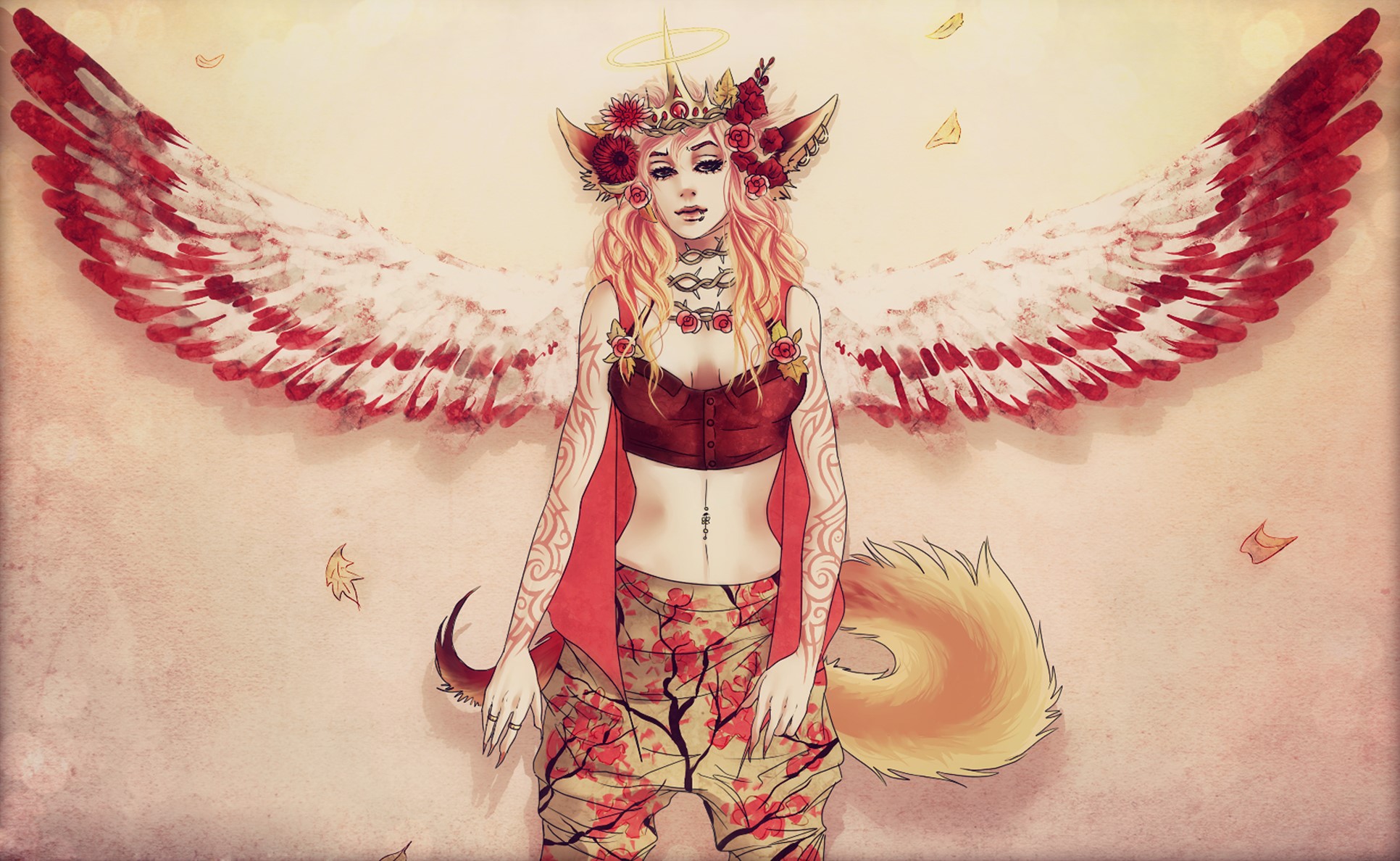 Angel with wings and flower crown HD Wallpaper