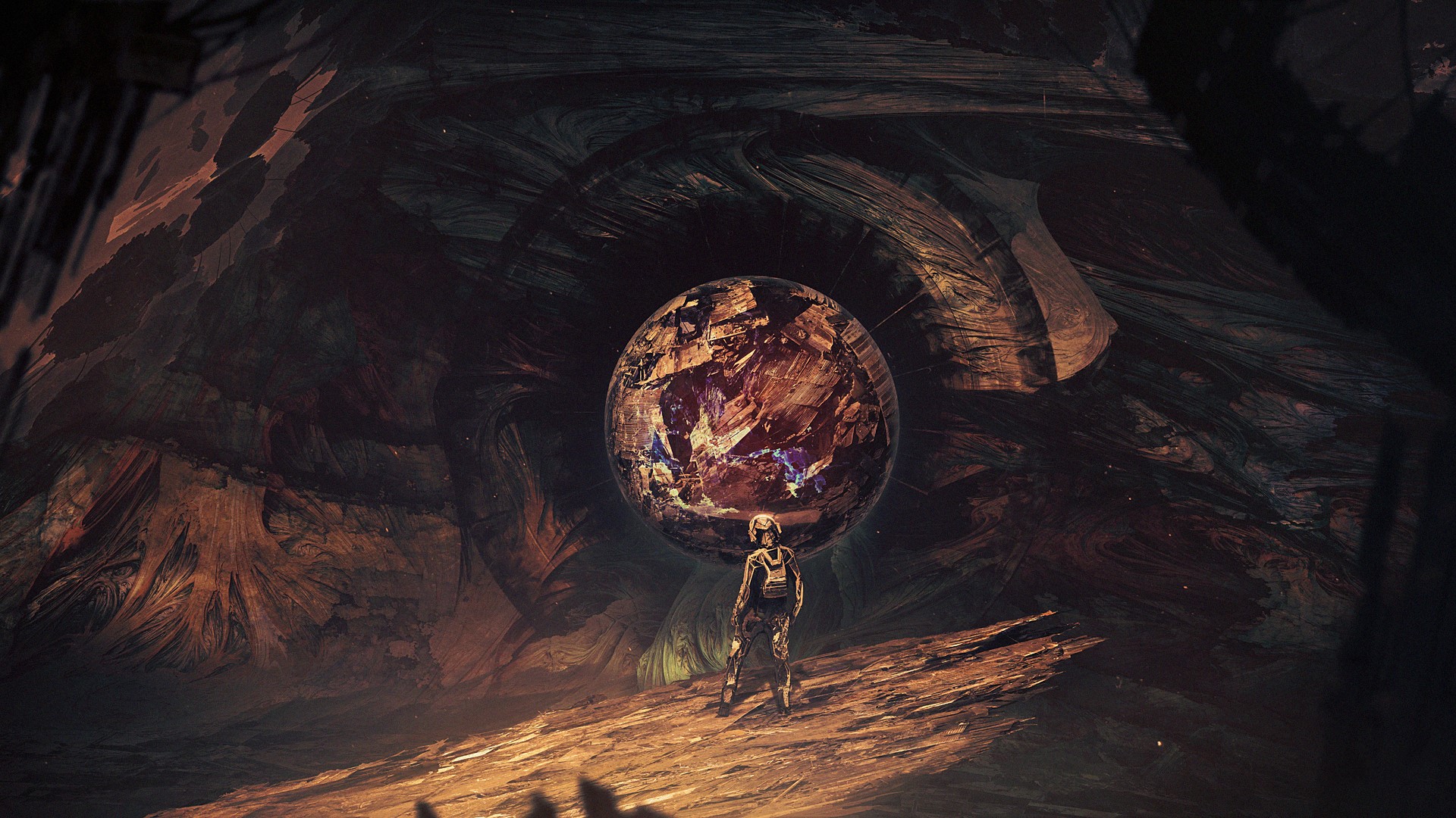 A lone figure stands before a glowing orb in a cave HD Wallpaper