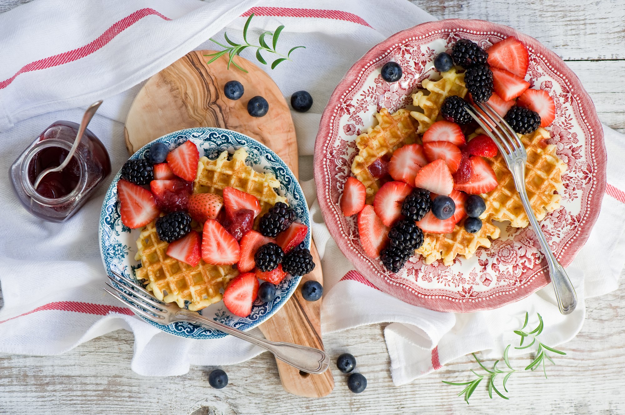 Waffles with fresh berries and jam HD Wallpaper