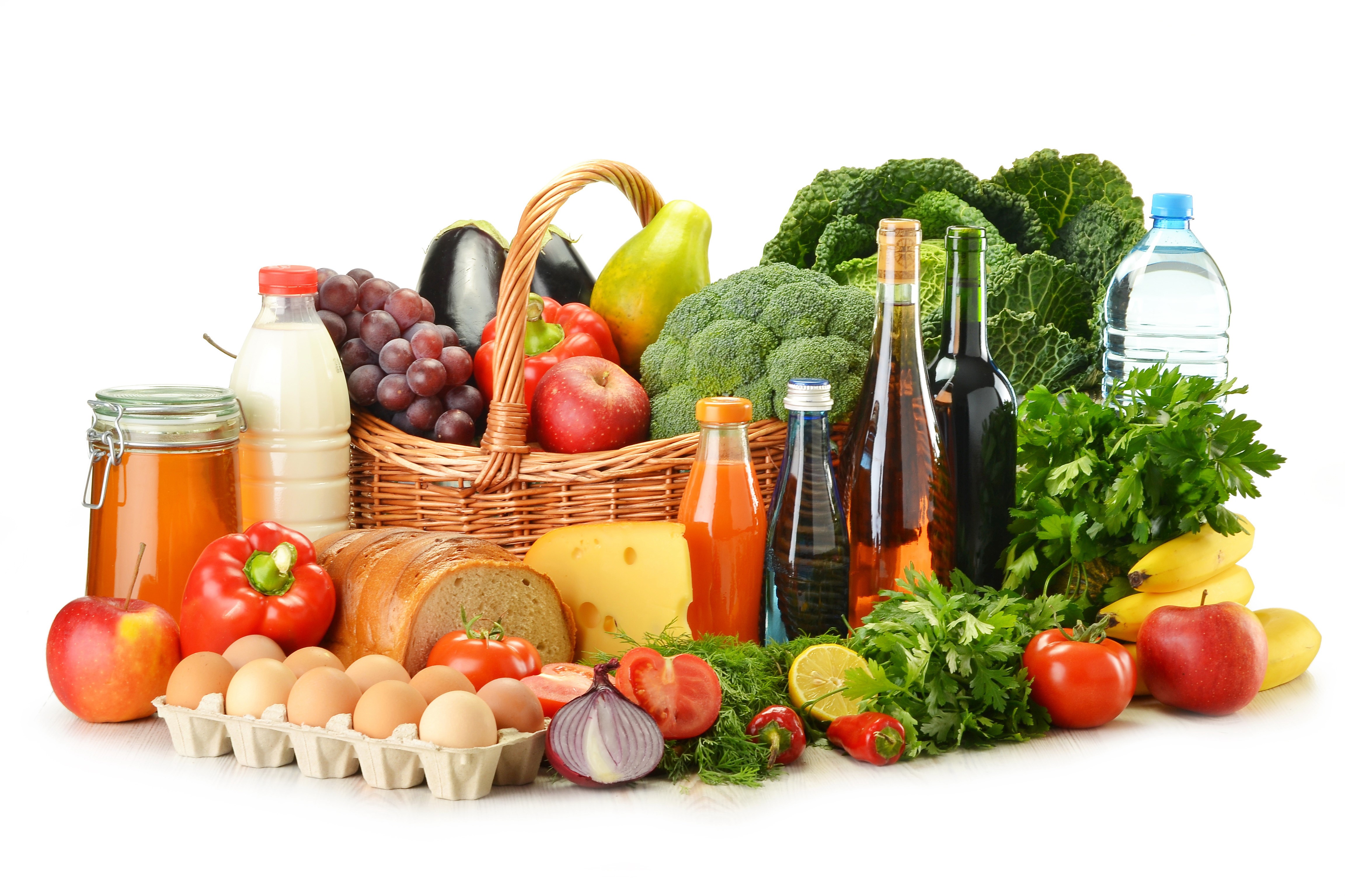 Still life with groceries in a wicker basket HD Wallpaper