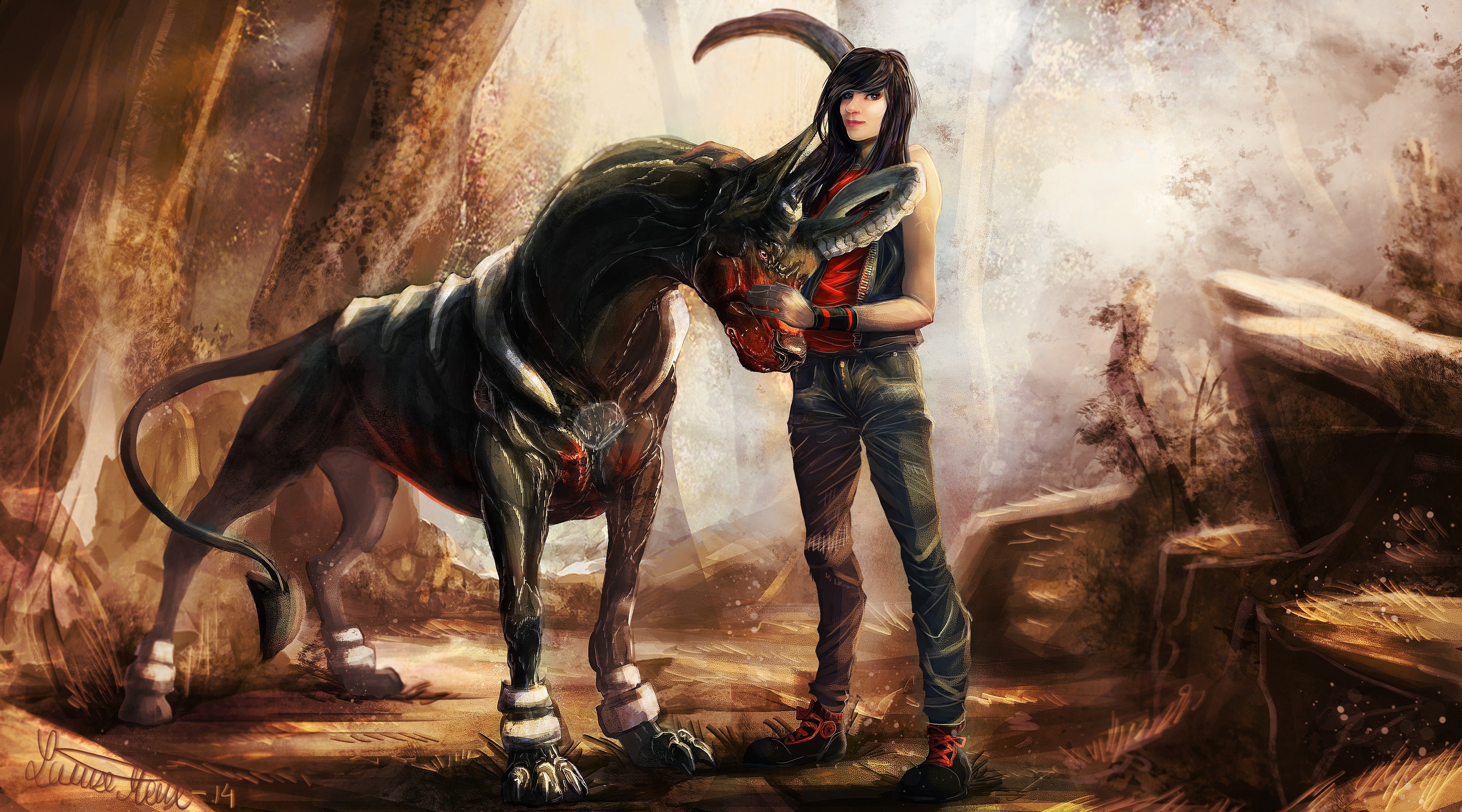 Girl with Magical Animal with Horns HD Wallpaper