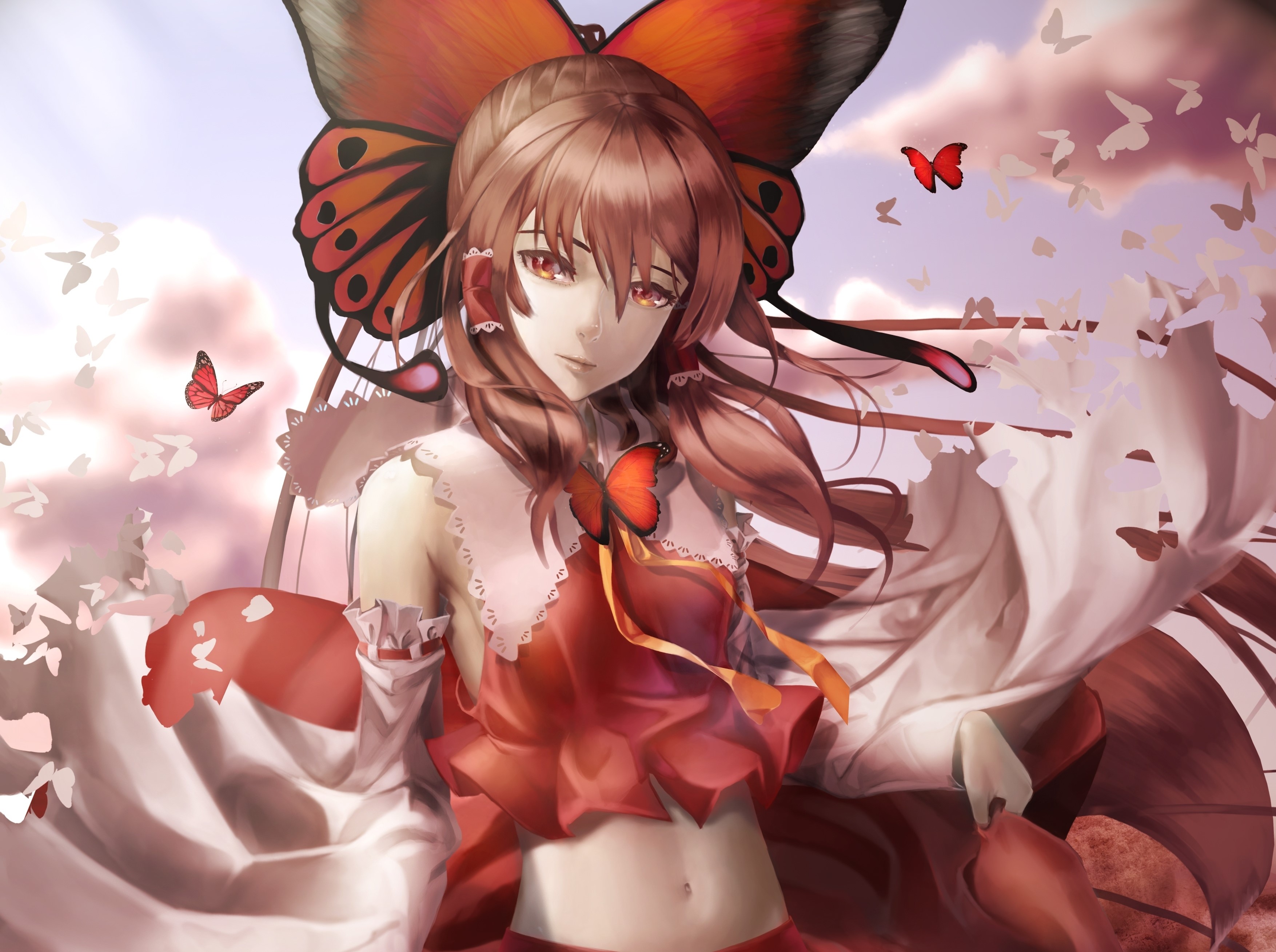 Hakurei Reimu from Touhou Project with butterflies HD Wallpaper