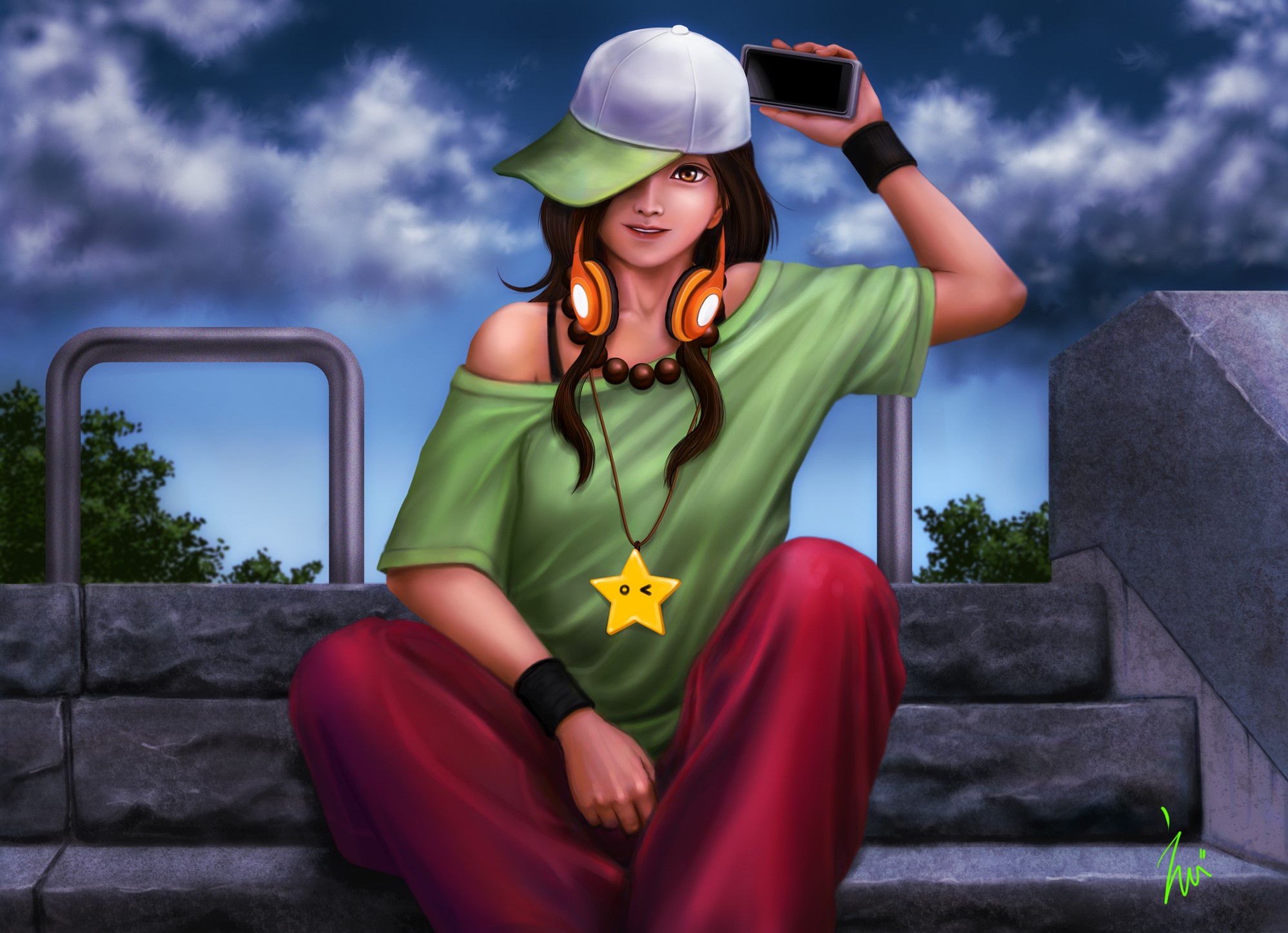 Girl with headphones and baseball cap holding a phone HD Wallpaper