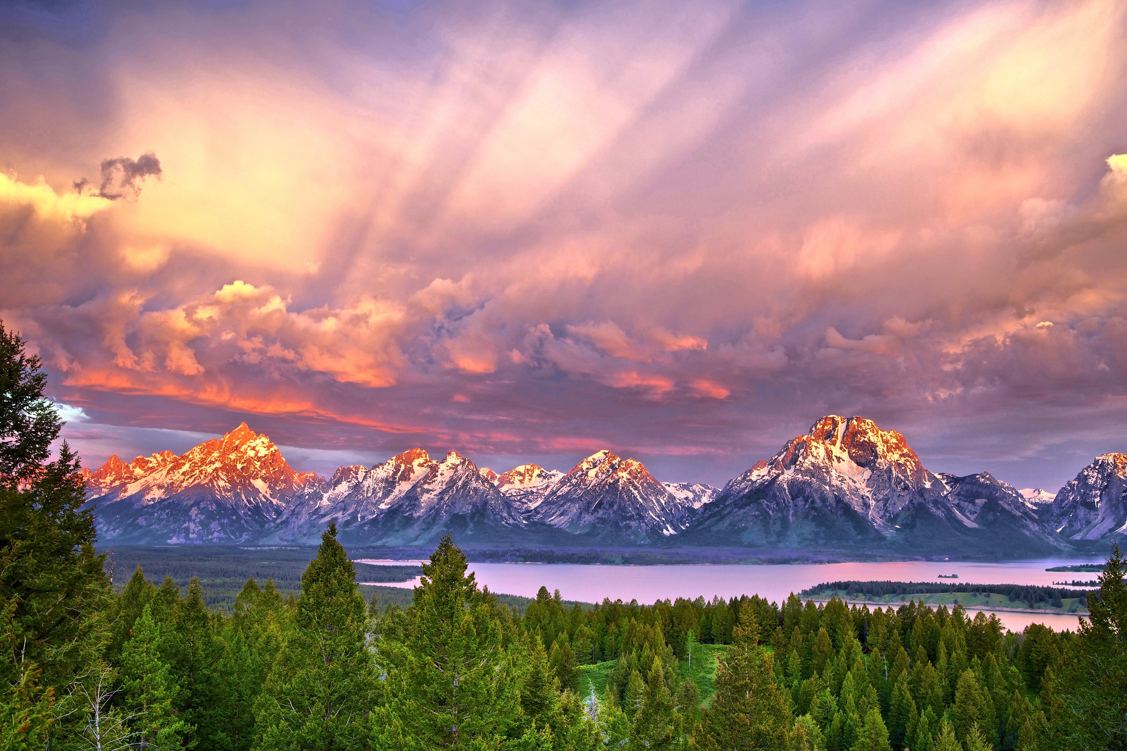 4K Grand Teton Wyoming Mountains Lake Forests Sky HD Wallpaper