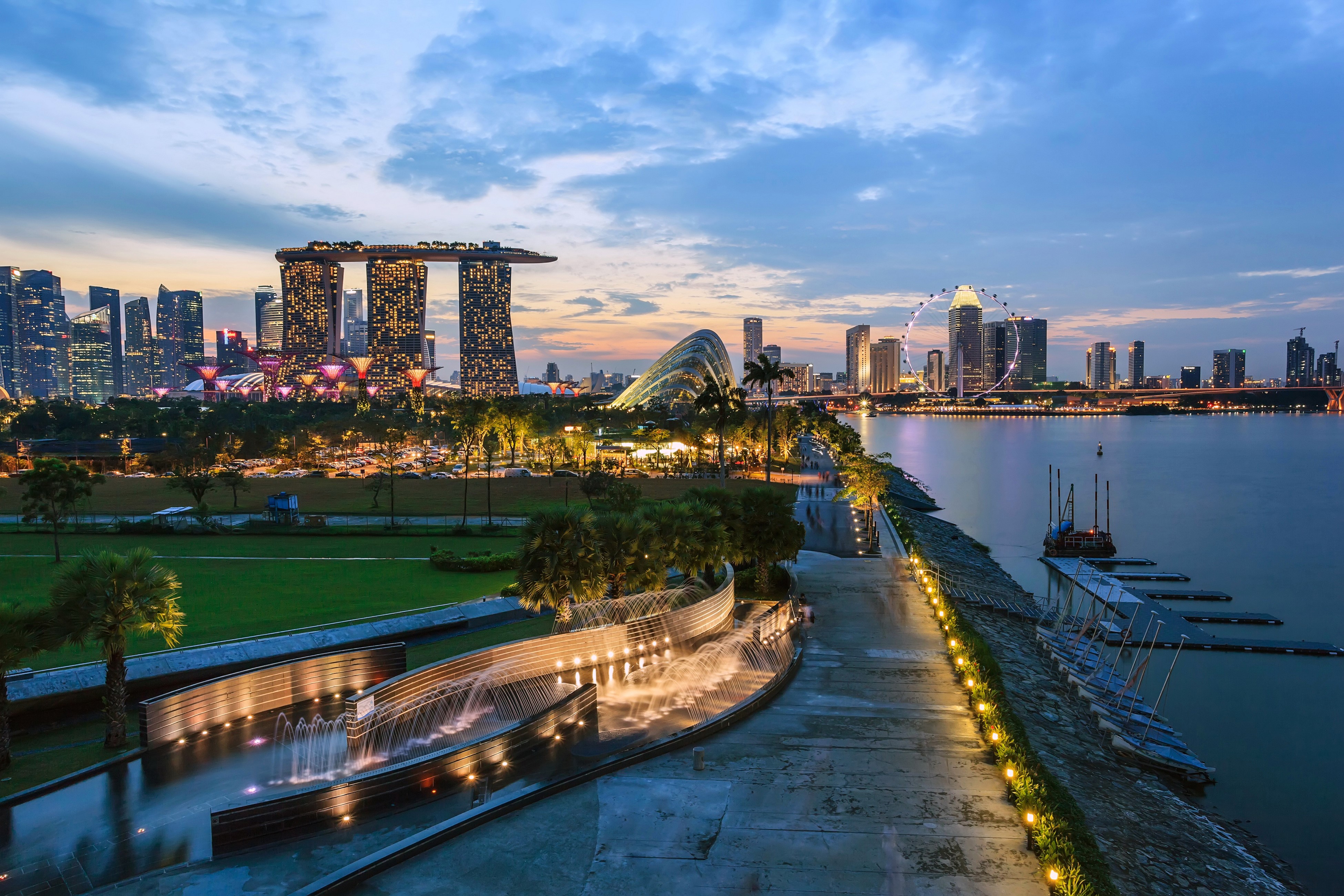 Singapore Skyline with Marina Bay Sands and Gardens by the Bay at Dusk HD Wallpaper