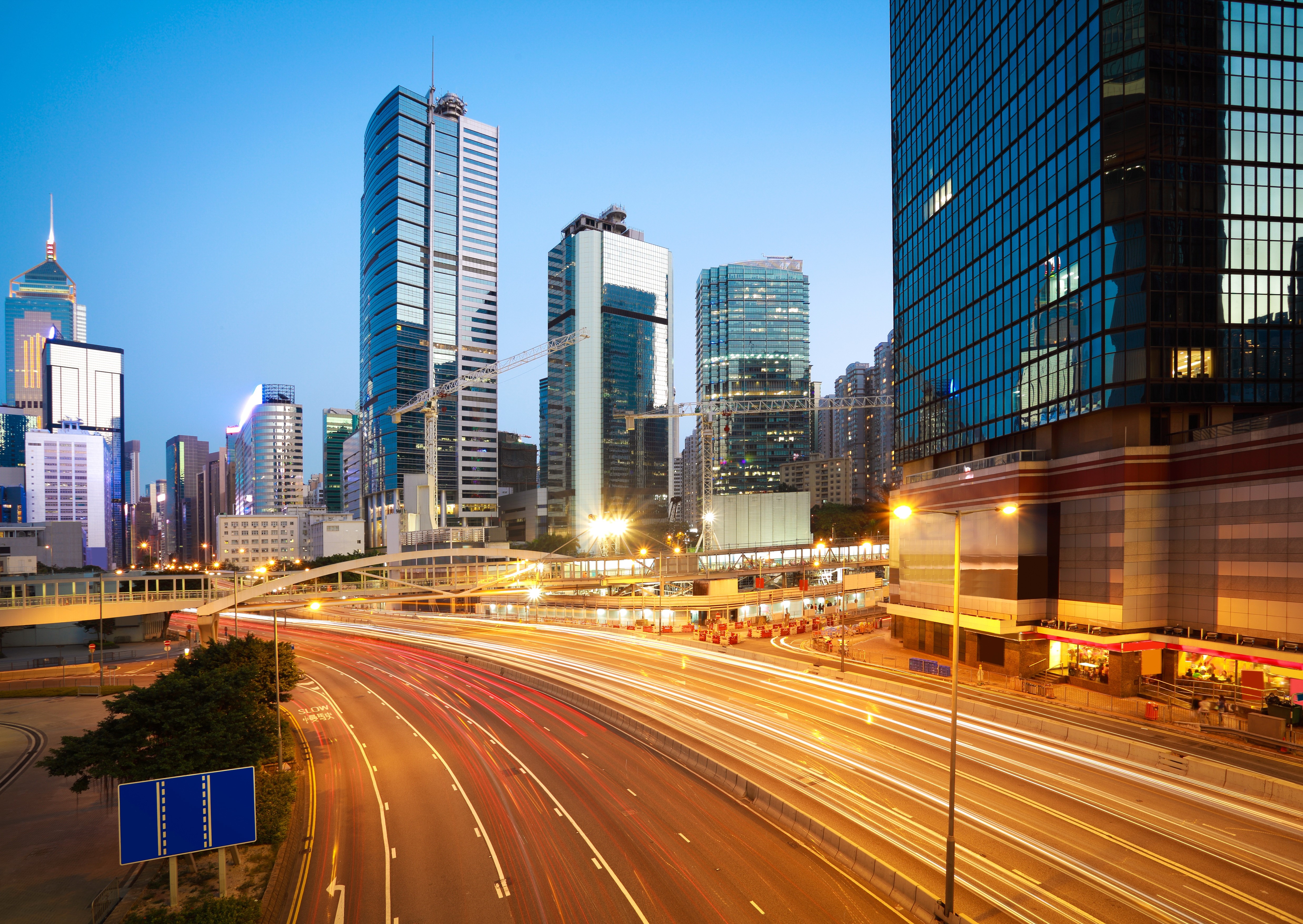 Hong Kong Skyscrapers and Roads at Night HD Wallpaper