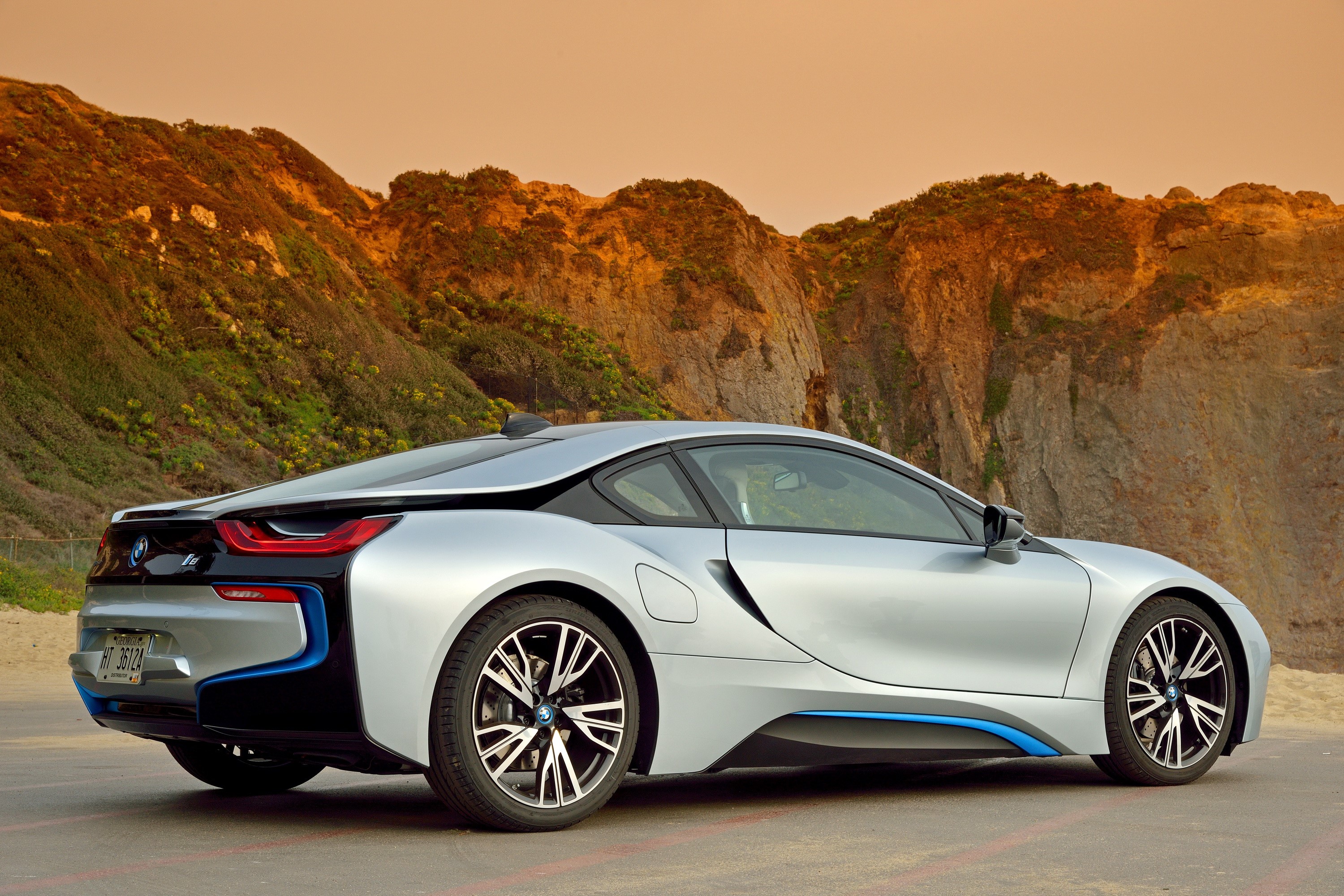 Silver BMW i8 Coupe from the back HD Wallpaper