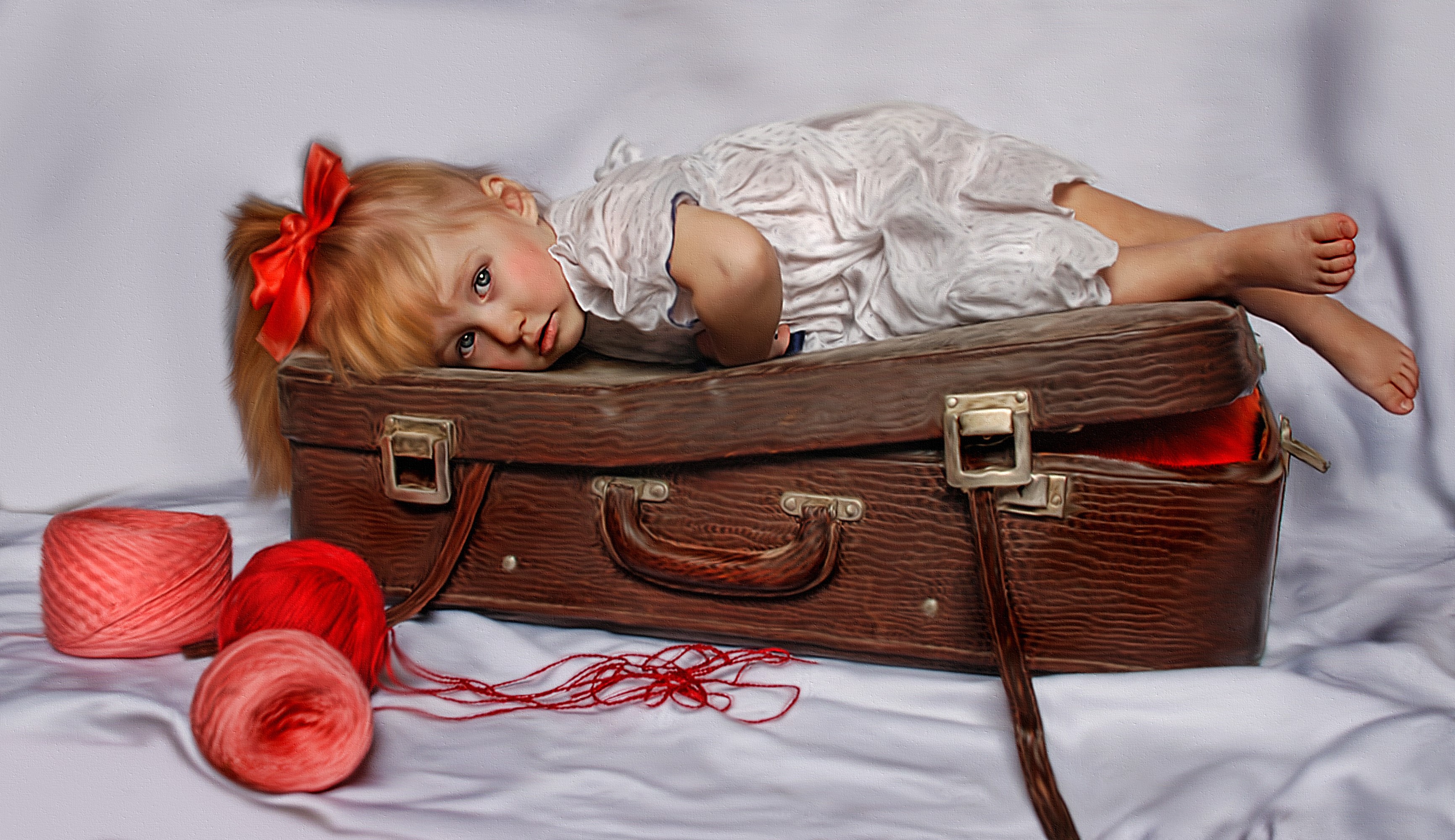 Little girl with red bow on suitcase HD Wallpaper