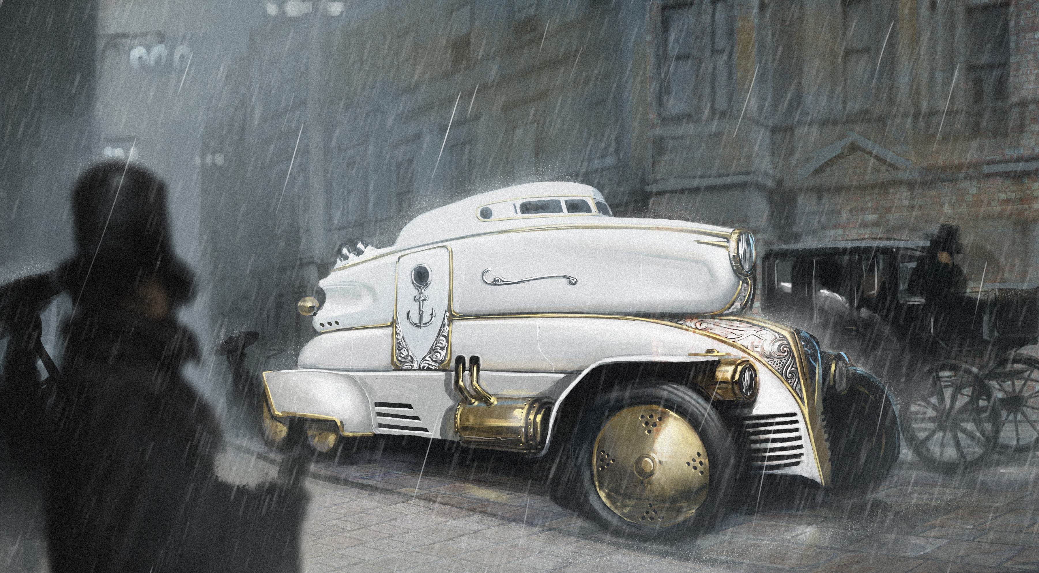 Steampunk vehicle in the rain HD Wallpaper