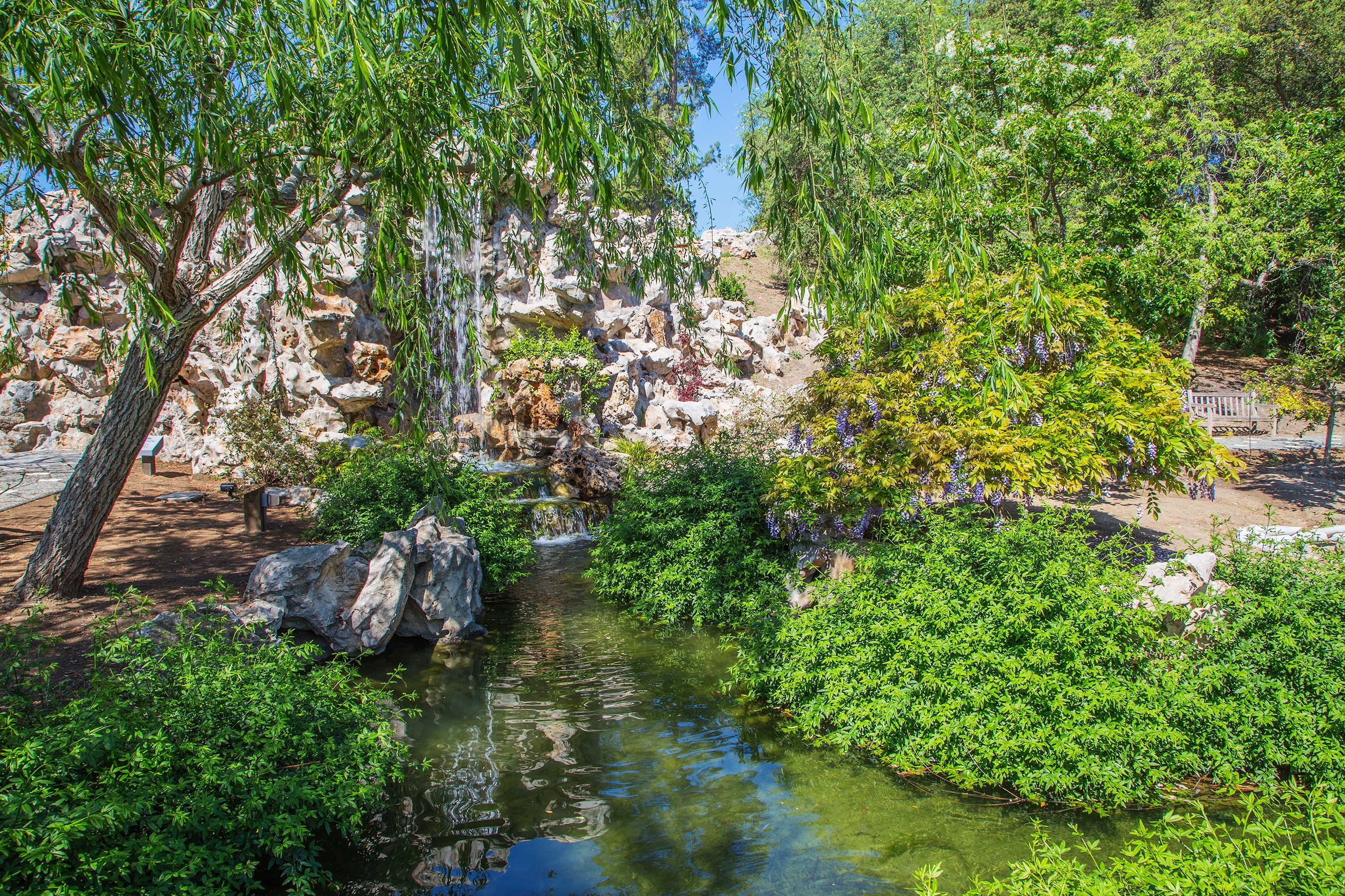 Waterfall and stream in a garden with trees and shrubs HD Wallpaper