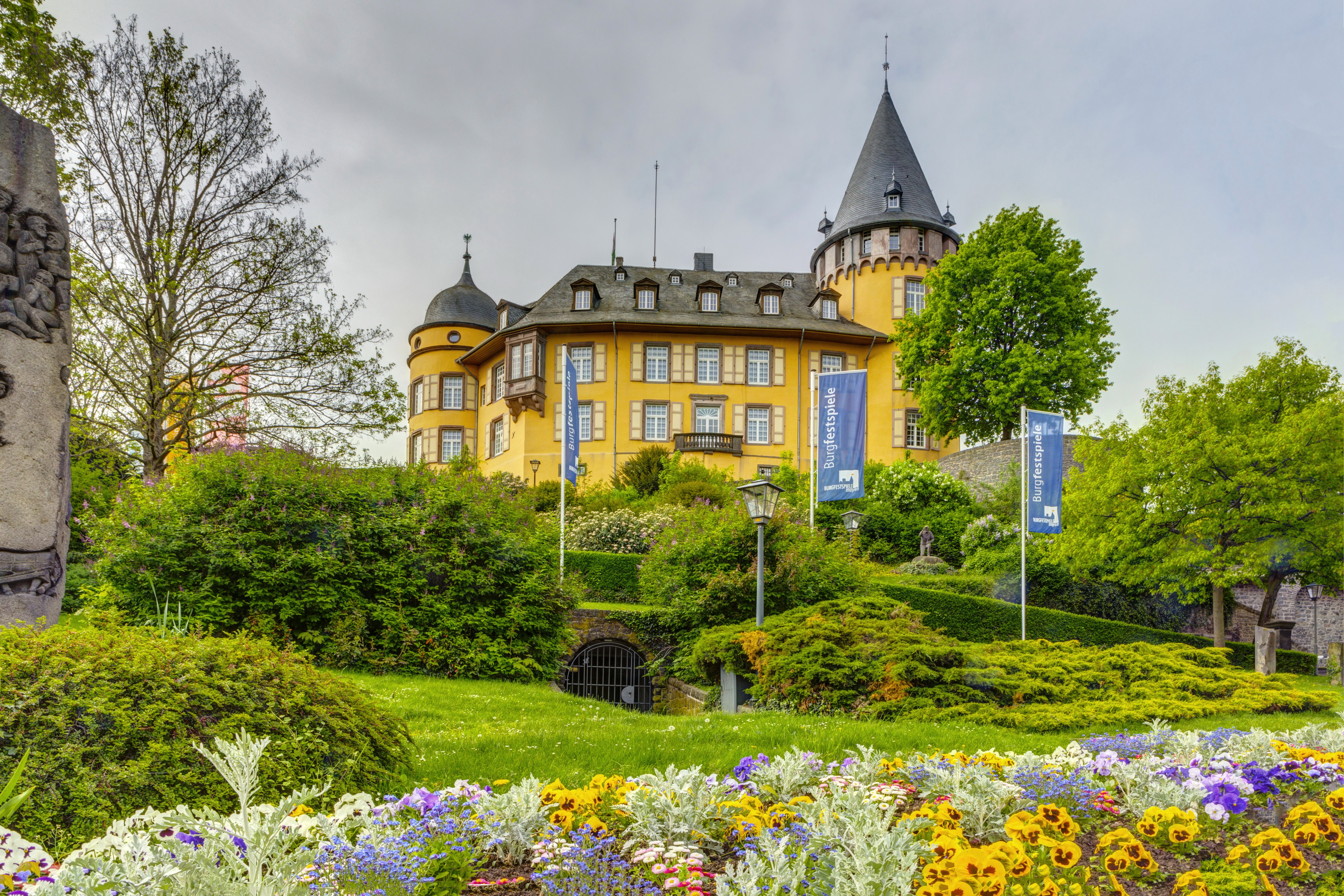 Genovefaburg Mayen Castle in Germany with Flowers HD Wallpaper