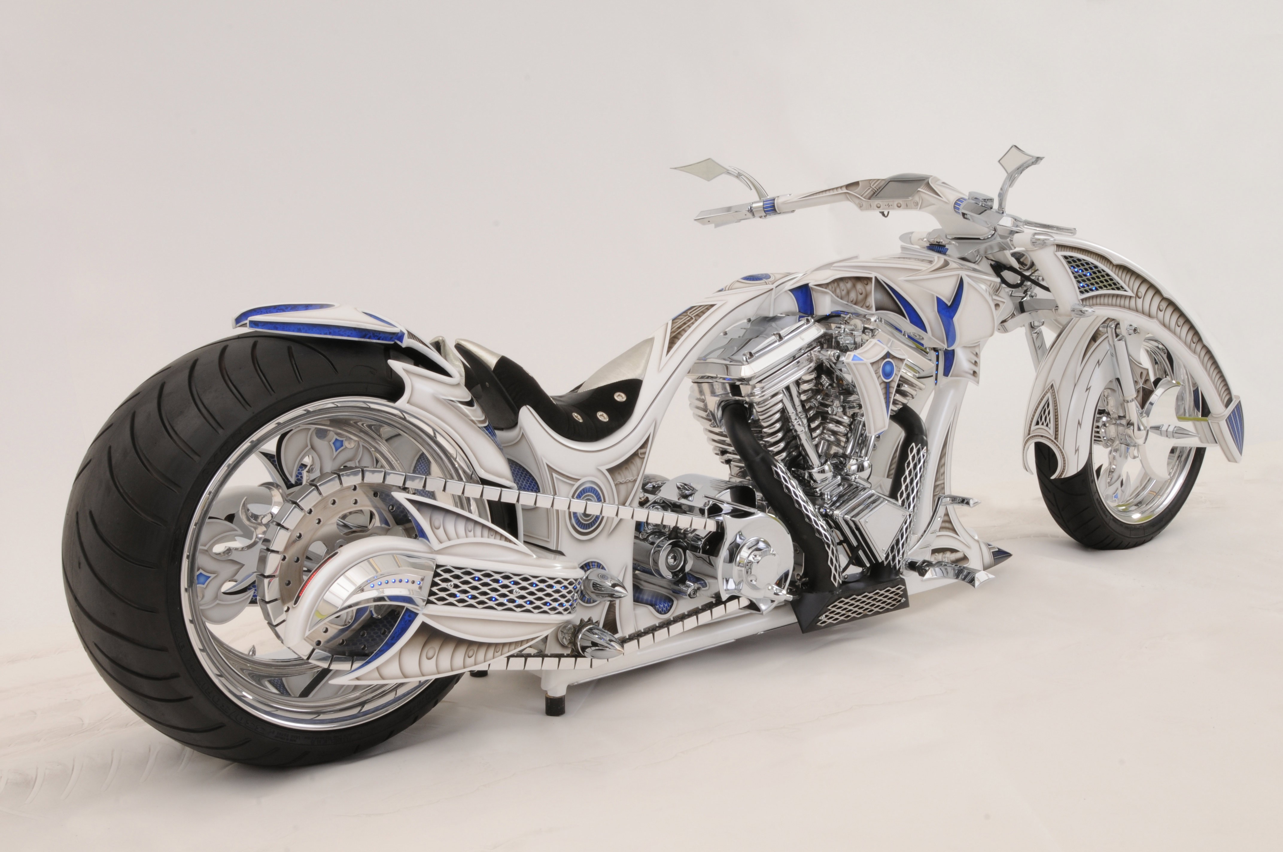Customized White and Blue Chopper Motorcycle HD Wallpaper