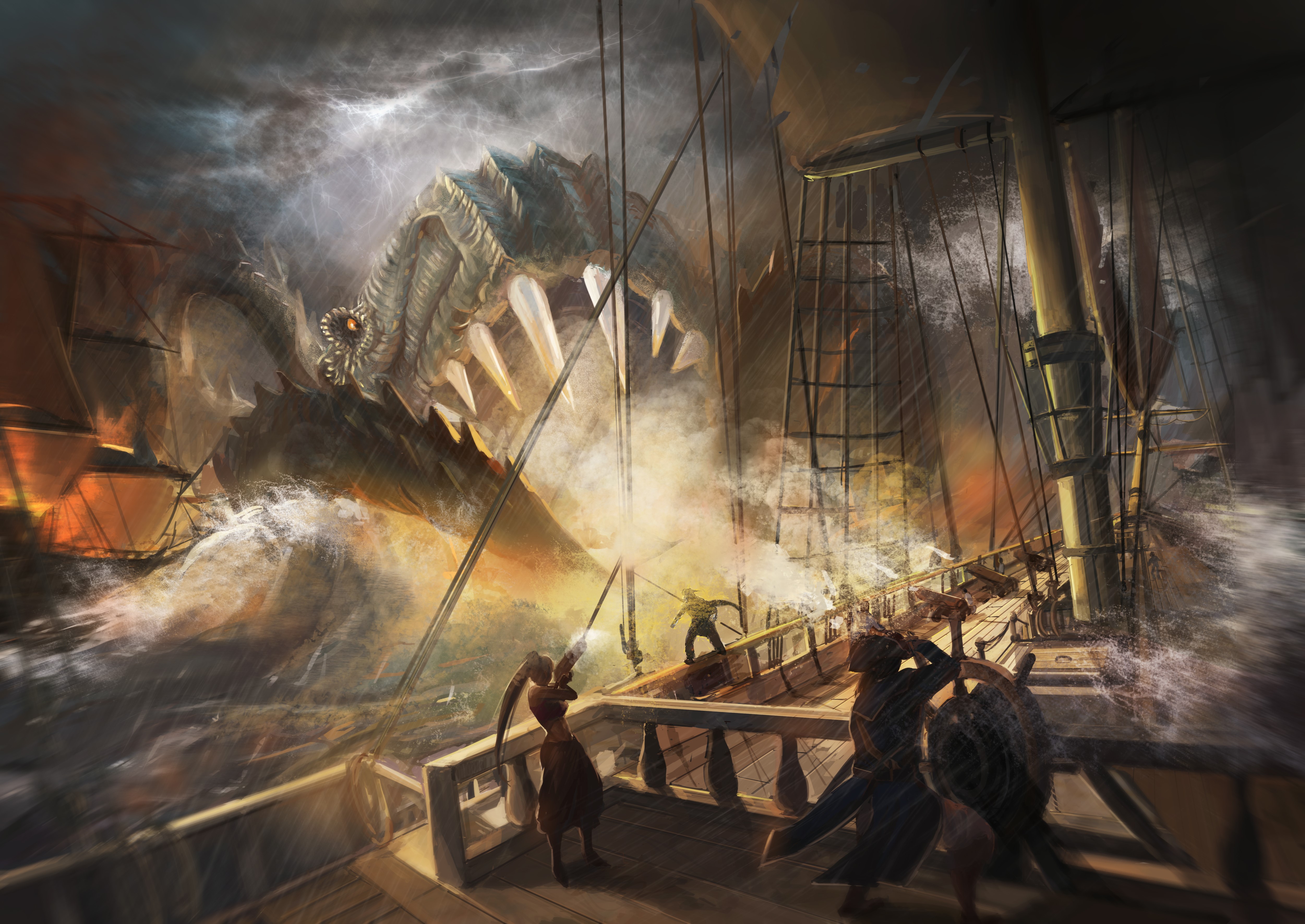 Monster attacking ships during a storm HD Wallpaper