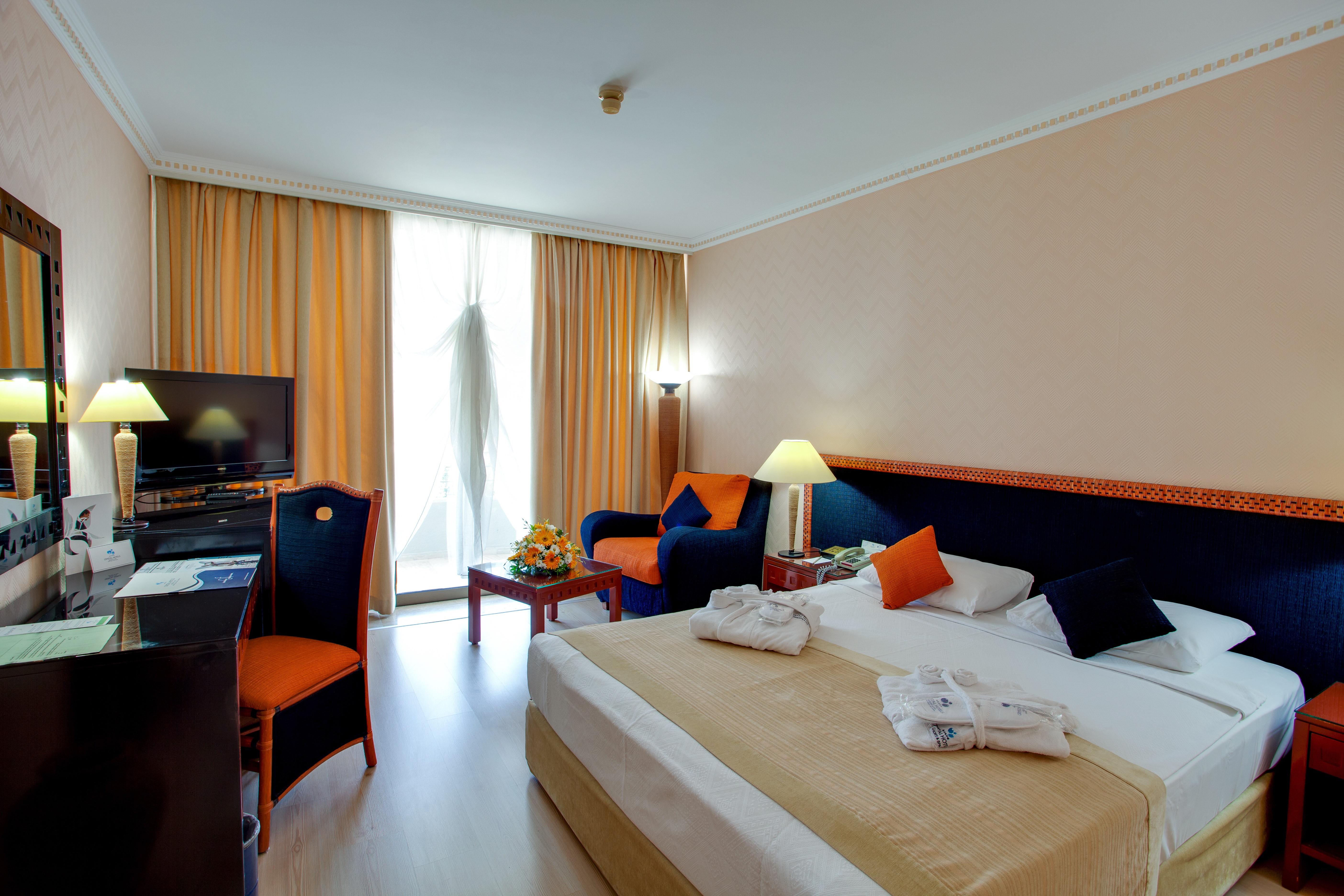 Hotel Bedroom Interior with Bed and Curtains HD Wallpaper