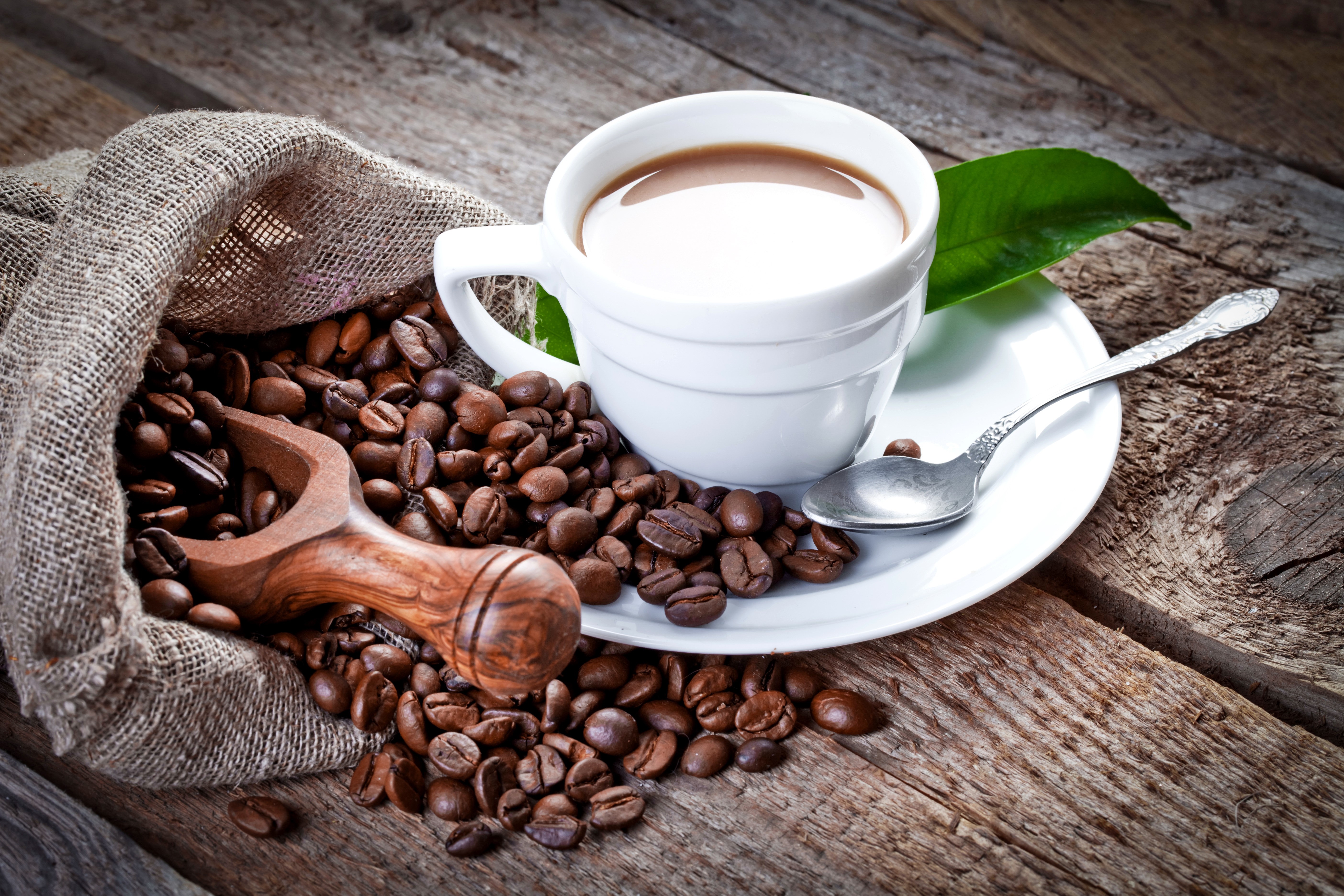 Coffee beans, cup, and spoon on wooden table HD Wallpaper
