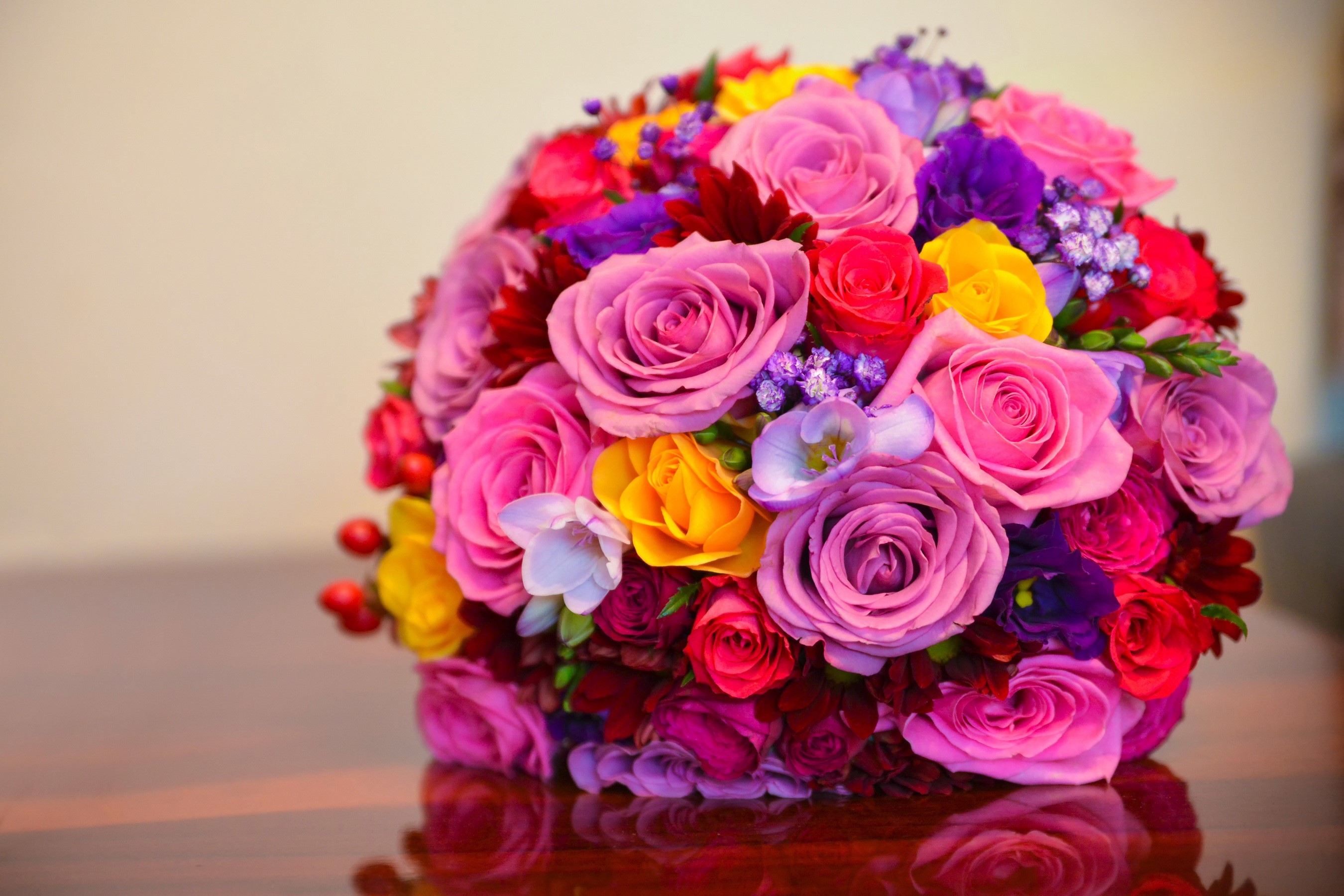 Colorful bouquet of roses and freesia HD Wallpaper